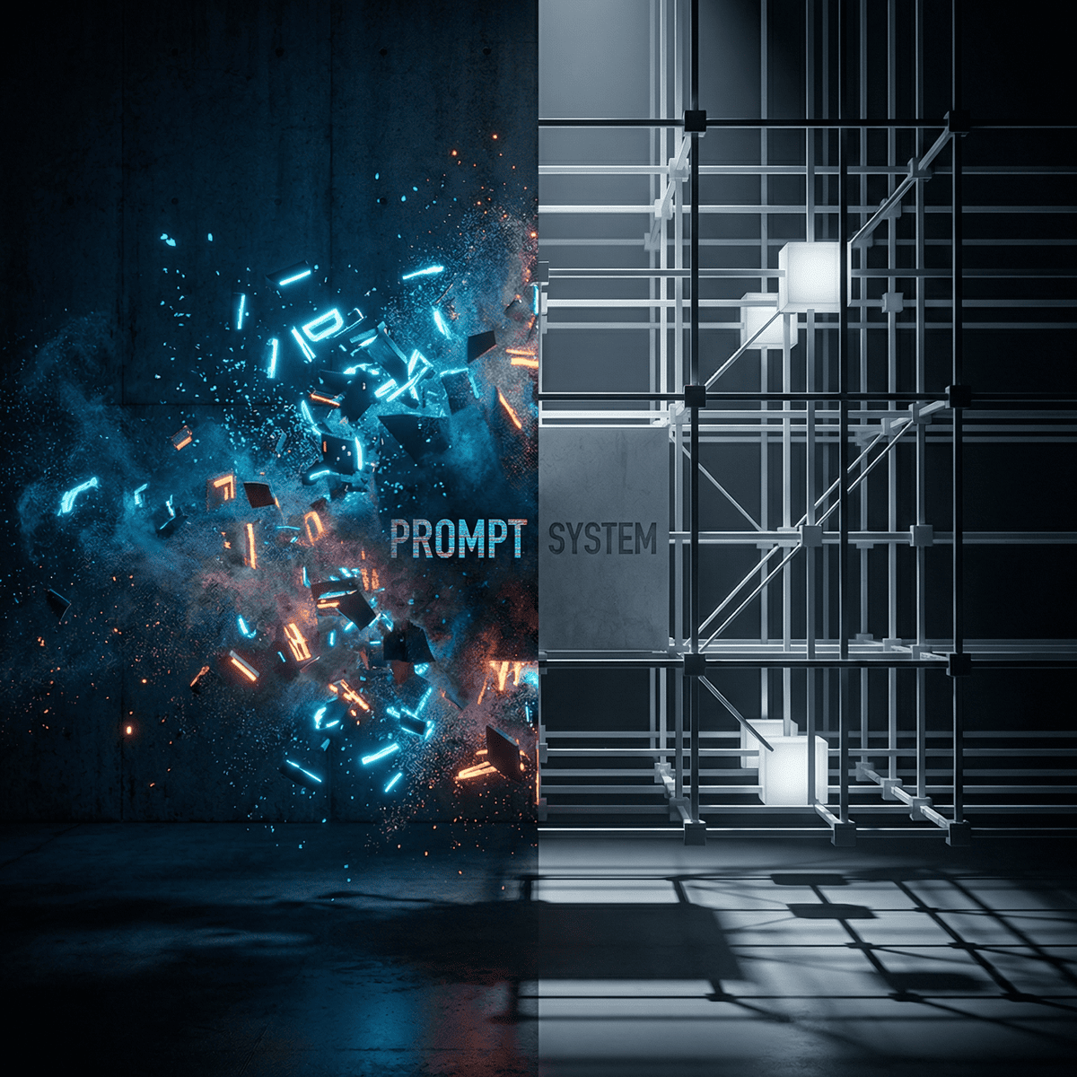 Geteiltes Bild: Links bunte, zerstreute Digitalscherben; rechts geordnetes Metallgitter mit Würfeln, mittig "PROMPT SYSTEM" und ChatGPT-Motiv.