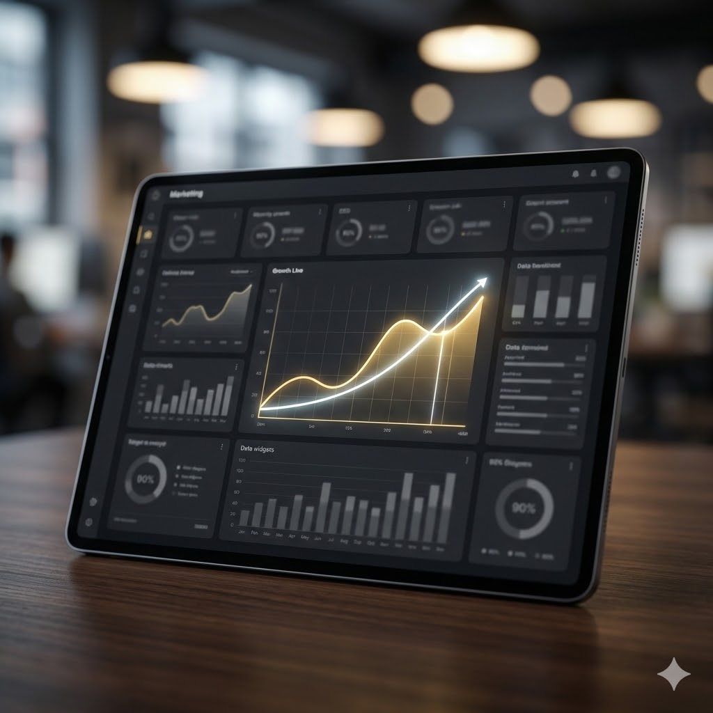 Ein Tablet zeigt Marketing-Analyse-Dashboards mit Diagrammen und Grafiken; ein Liniendiagramm hebt einen Aufwärtstrend hervor.