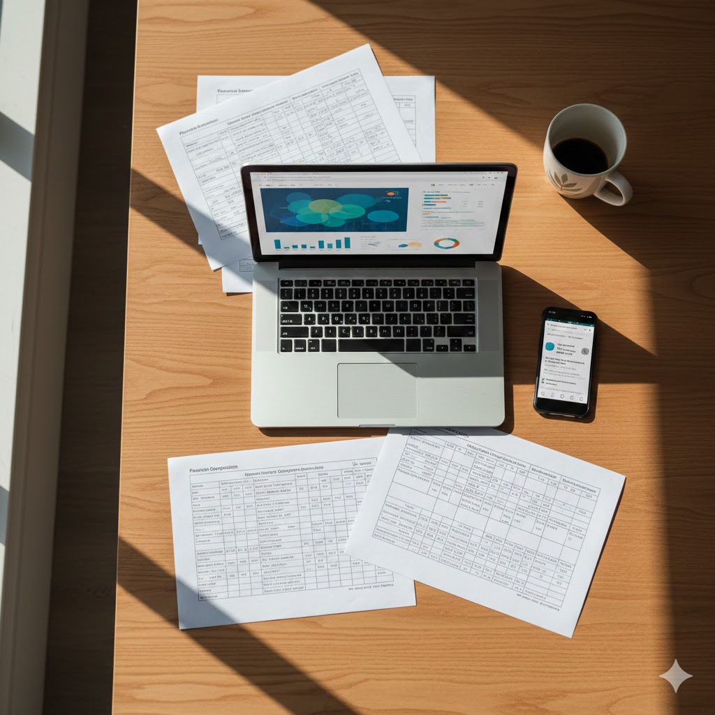 Auf einem Holztisch stehen ein Laptop mit Diagrammen, gedruckte Tabellen, ein Smartphone mit KI-Optionen und eine Kaffeetasse.