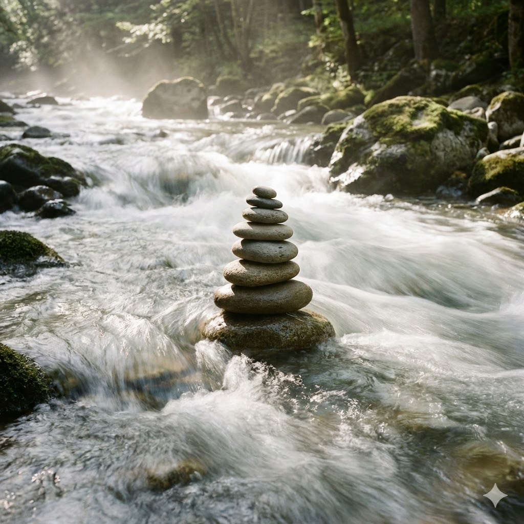 Ein Stapel glatter Steine steht auf einem Felsen inmitten eines fließenden Flusses, umgeben von Moos und dichtem grünen Wald.