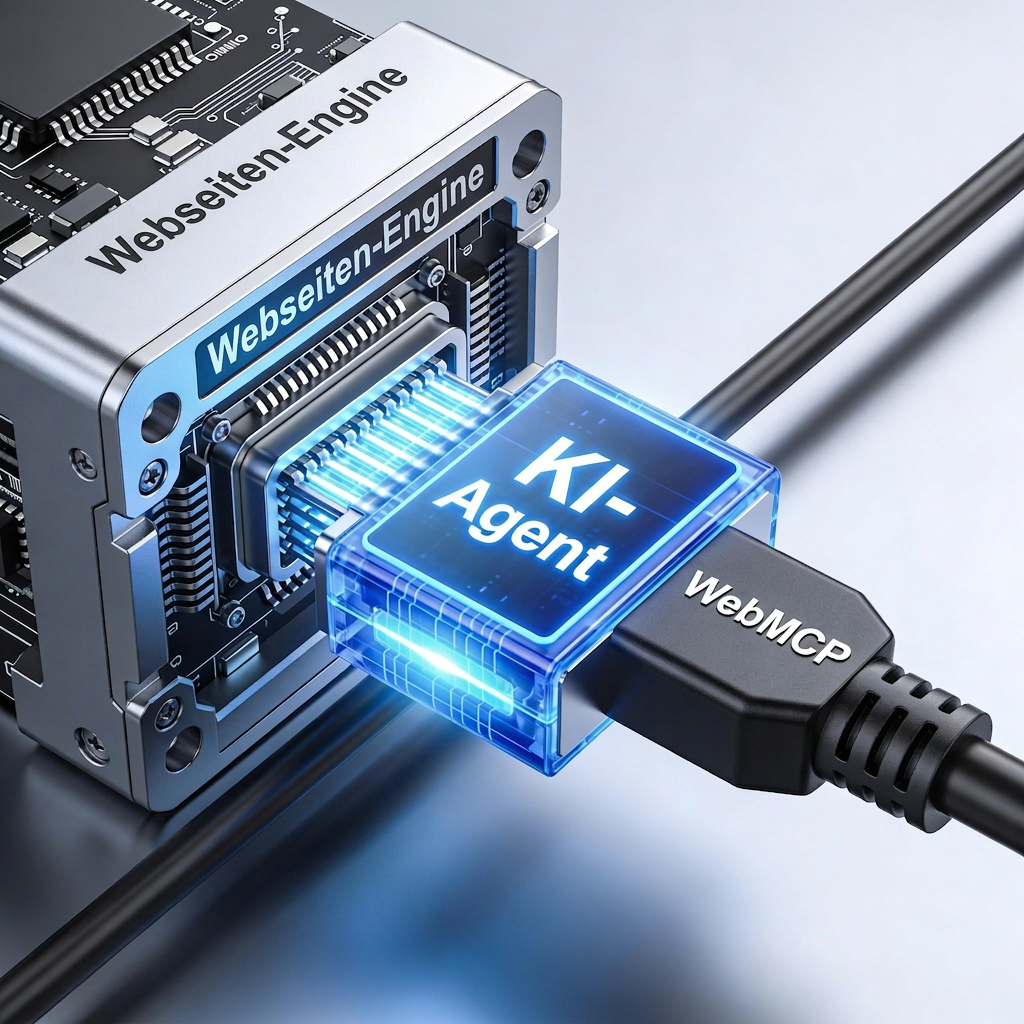 Leuchtendes Kabel mit Beschriftung "KI-Agent" und "WebMCP" steckt in Port "Webseiten-Engine" auf futuristischer Platine.