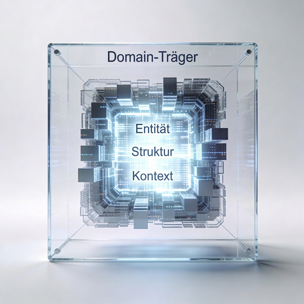Transparenter Würfel mit leuchtenden Schichten, beschriftet mit "Domain-Träger", "Entität", "Struktur" und "Kontext" auf Deutsch.