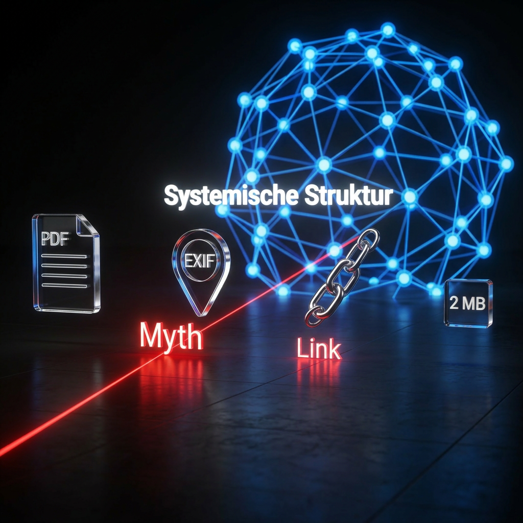 Eine digitale Illustration zeigt PDF-, EXIF-, Kettenglied- und 2MB-Icons mit den Texten "Systemische Struktur", "SEO-Mythen", "Mythos" und "Link" neben einer leuchtenden Netzwerksphäre.