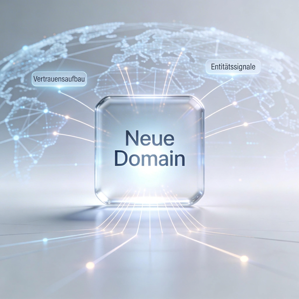Ein durchsichtiger Würfel mit "Neue Domain" in der Mitte, umgeben von digitalen Linien, Weltkarte und den Labels "Vertrauensaufbau" und "Entitätssignale". Ein durchsichtiger Würfel mit "Neue Domain" in der Mitte, umgeben von digitalen Linien, Weltkarte und den Labels "Vertrauensaufbau" und "Entitätssignale".