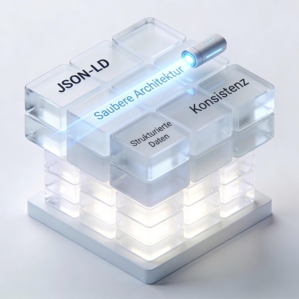 Transparenter 3D-Würfel mit den Beschriftungen "JSON-LD", "Saubere Architektur", "Konsistenz" und "Strukturierte Daten".