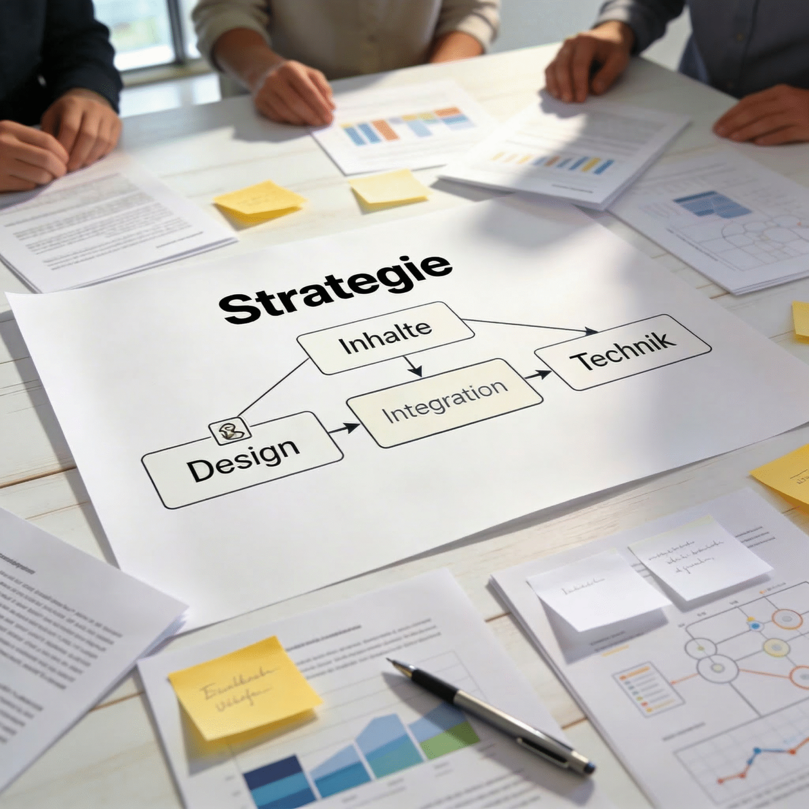 Mehrere Personen sitzen am Tisch mit Dokumenten und schauen auf ein großes deutschsprachiges Strategie-Diagramm mit Wikipedia-Backlinks.