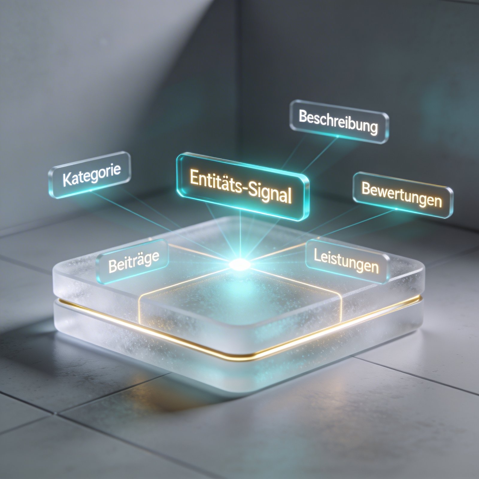 Eine gläserne Plattform zeigt beschriftete Hologramme wie "Entitäts-Signal" und "Bewertungen" für lokale SEO KI-Sichtbarkeit.