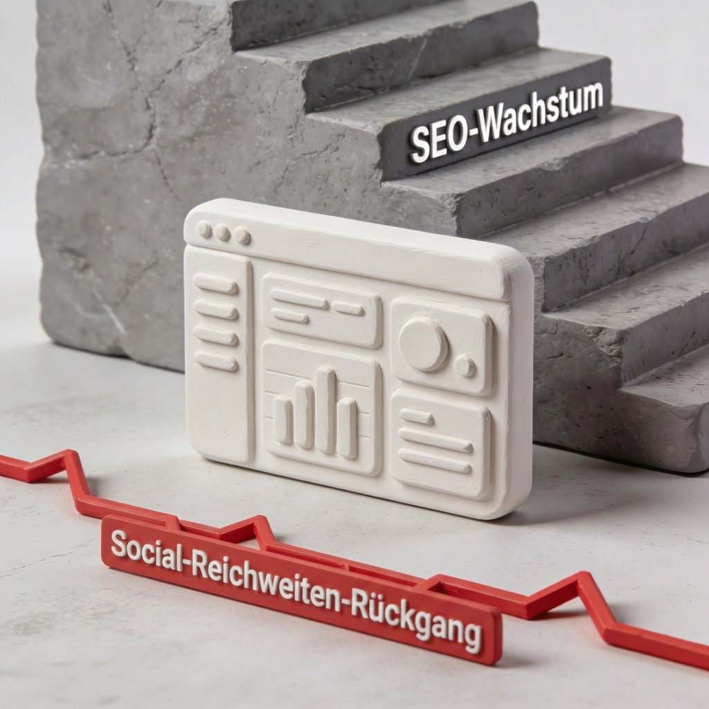 Ein Tondashboard steht neben rotem Abwärtsdiagramm "Social-Reichweiten-Rückgang" und grauer Treppe "SEO-Wachstum".