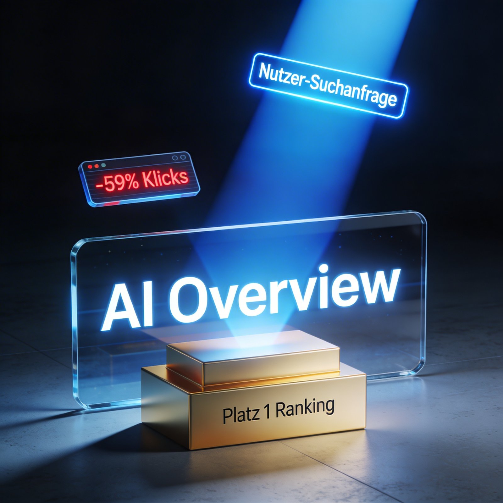 Glasschild "AI Overview" auf goldenem Podest "Platz 1 Ranking", daneben schwebend "-59% Klicks" und "Nutzer-Suchanfrage".