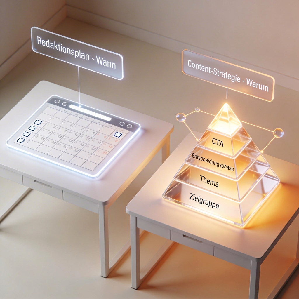 3D-Grafik: Zwei Tische, einer mit digitalem Kalender "Redaktionsplan - Wann", einer mit Pyramide "Content-Strategie Unternehmen - Warum" und vier Ebenen.