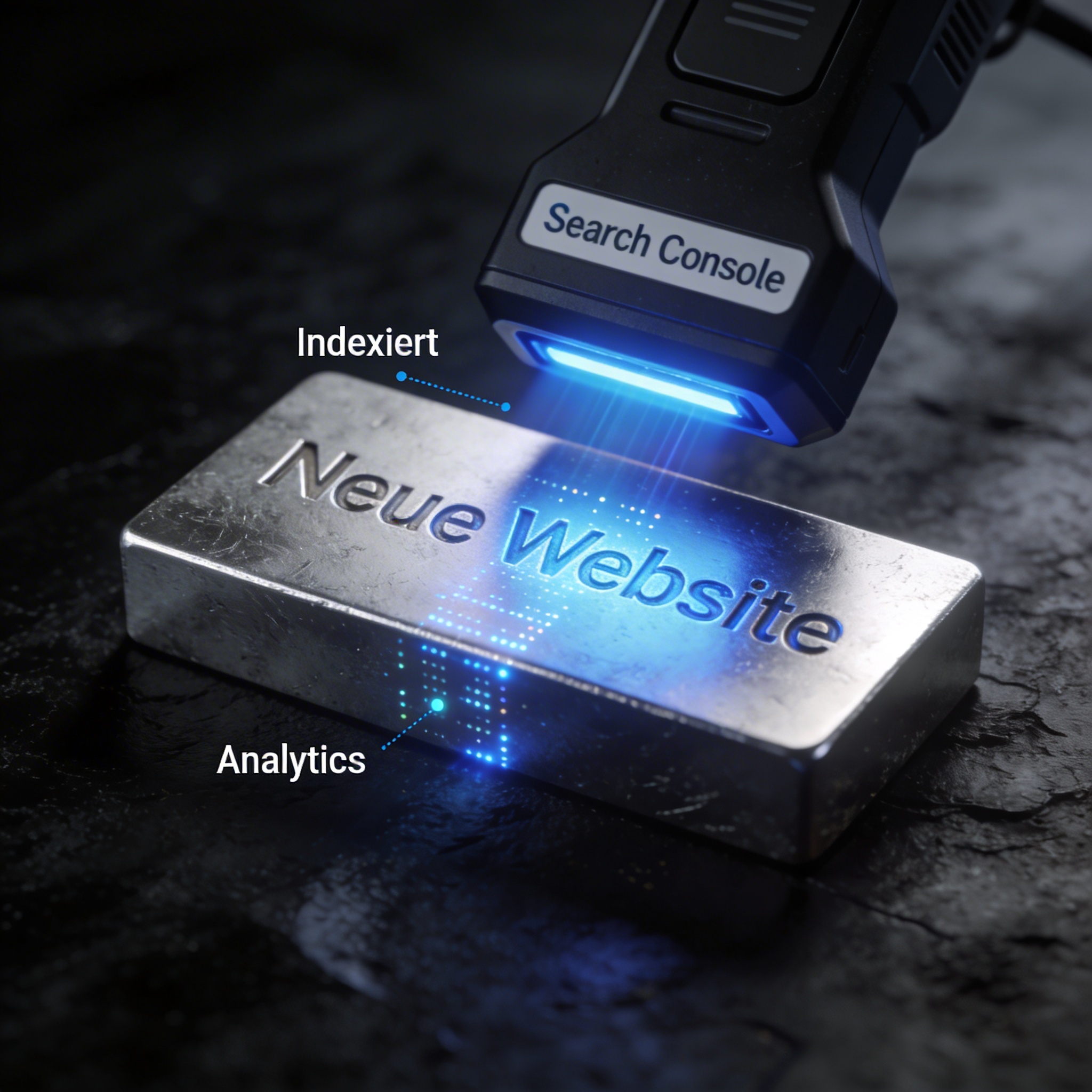 Ein Metallblock mit "Neue Website" wird von einem Gerät "Search Console einrichten" gescannt, "Indexiert" und "Analytics" blau markiert.
