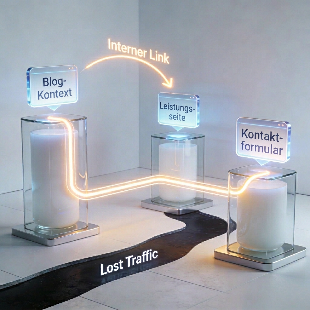 Diagramm mit Pfeilen von "Blog-Kontext" über "Leistungsseite" zum "Kontaktformular", teils mit abgehender Traffic-Verlust-Markierung. Diagramm mit Pfeilen von "Blog-Kontext" über "Leistungsseite" zum "Kontaktformular", teils mit abgehender Traffic-Verlust-Markierung.