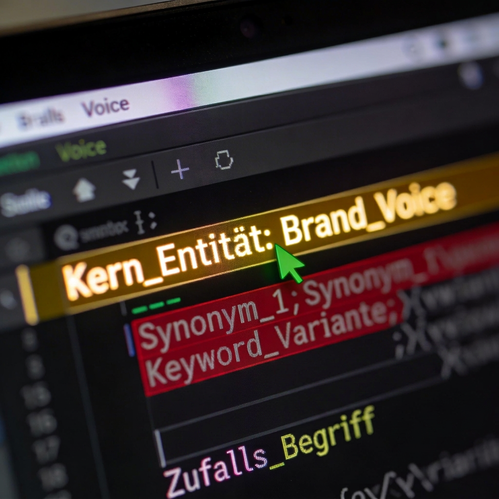 Ein Bildschirm zeigt Code mit "Kern_Entität: Brand_Voice" und Variablennamen in Rot und Grün auf dunklem Hintergrund.