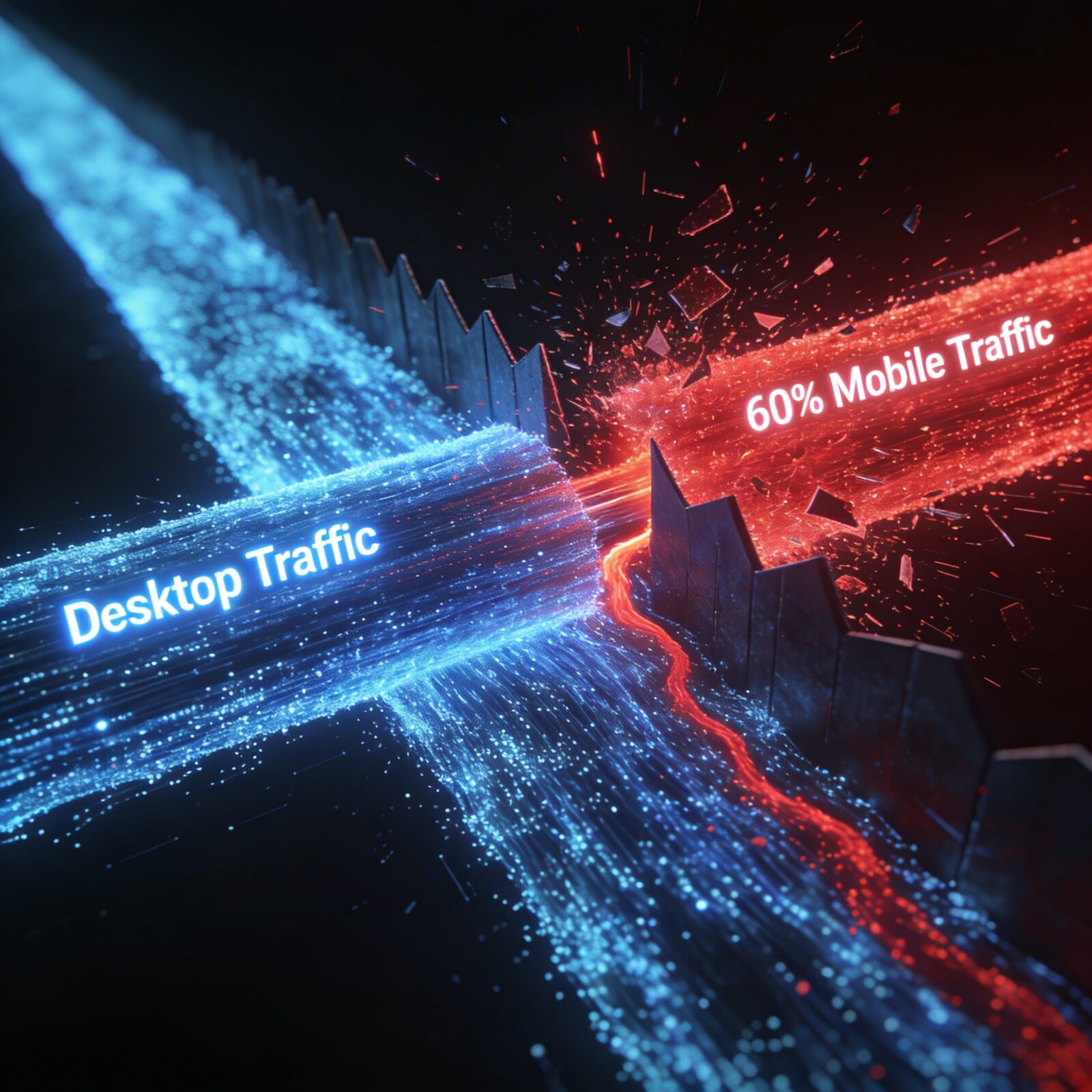 Digitale Illustration mit leuchtenden Strömen für "Desktop Traffic" und dominantem "60% Mobile Traffic", die zusammenstoßen.