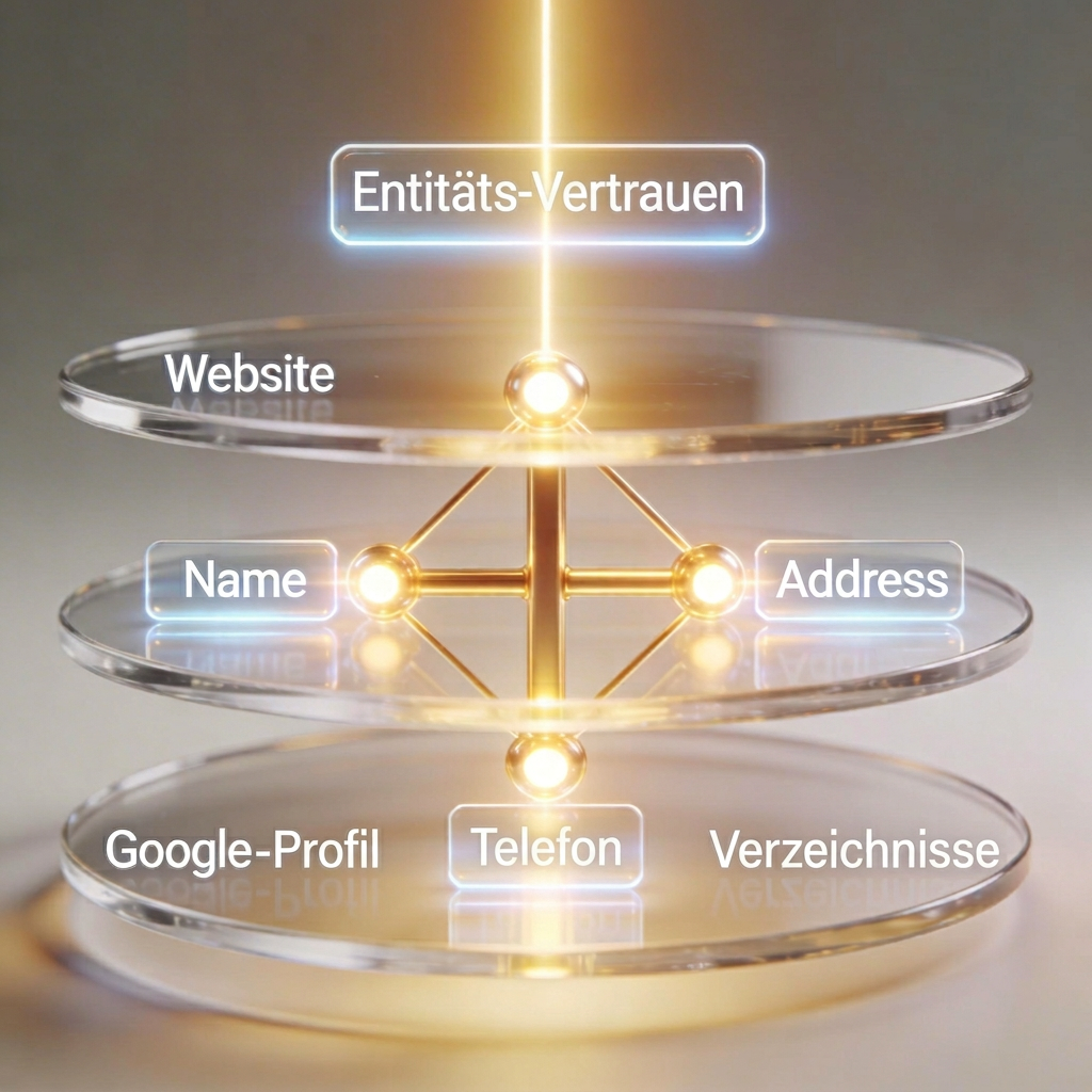 Diagramm mit drei transparenten Kreisen: Website, Name/Adresse, Google-Profil. Zentrum: "Entitäts-Vertrauen", Linien verbinden alles.