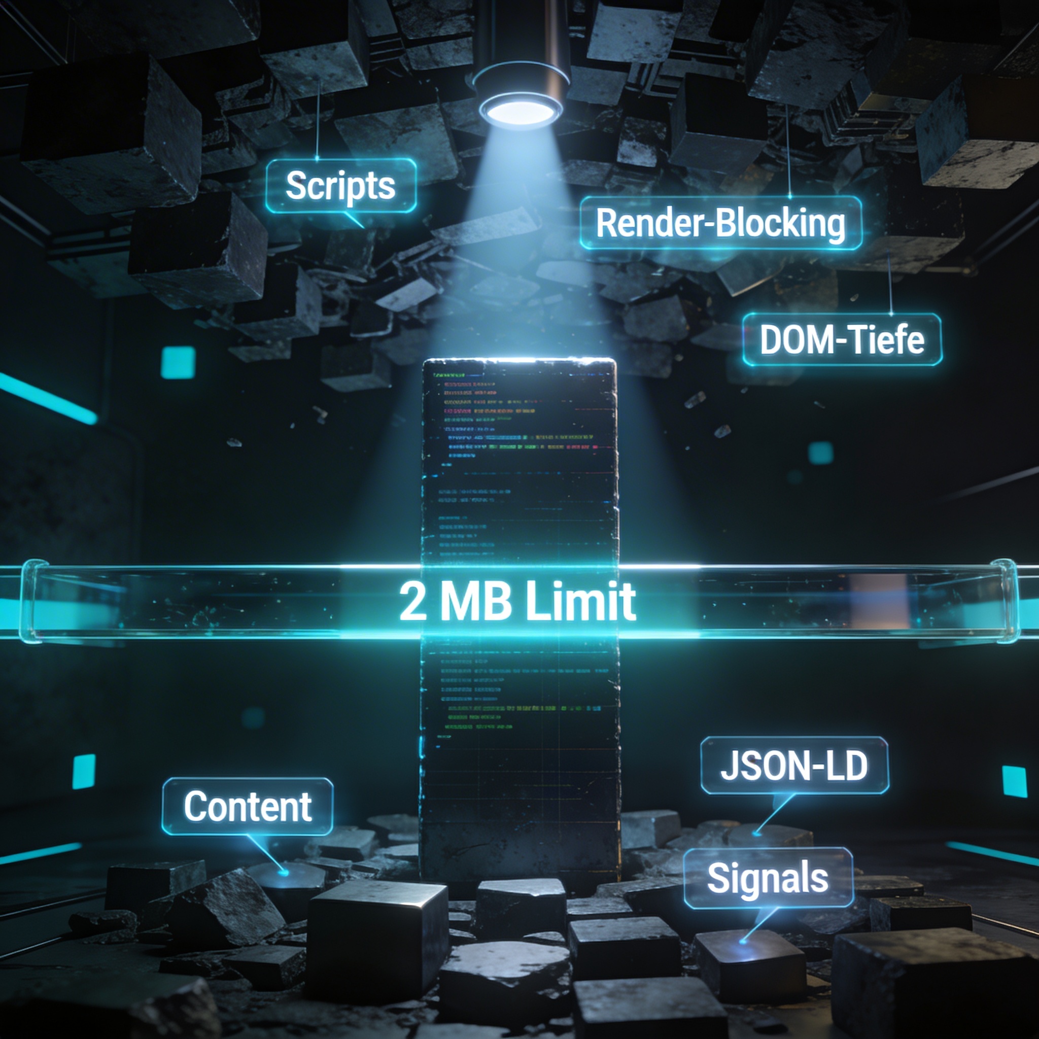 Digitaler Monolith mit leuchtendem Code hebt das "Google 2 MB Limit" hervor, umgeben von Labels wie Scripts und DOM-Tiefe in dunkler Tech-Umgebung.