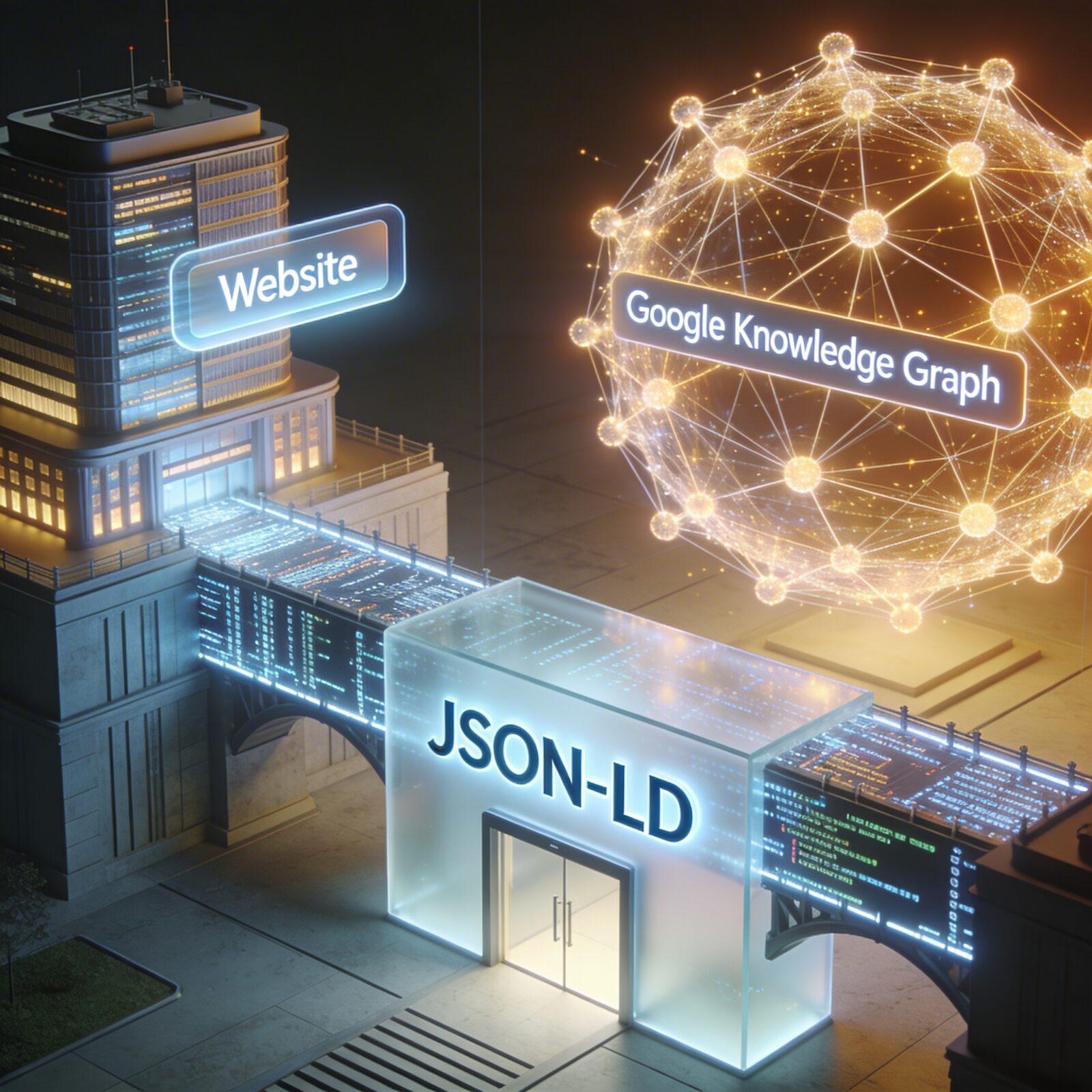 Eine Website ist über eine leuchtende Brücke mit dem Google Knowledge Graph verbunden, die Brücke trägt das Label "JSON-LD".