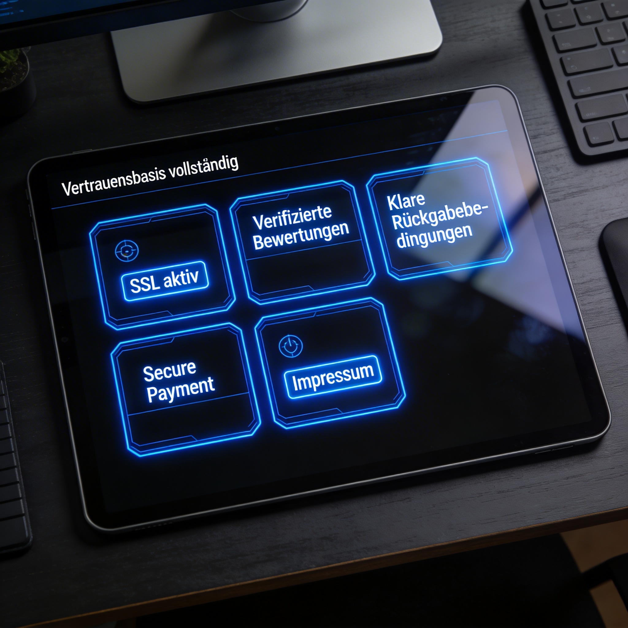 Tablet zeigt deutsche Symbole für SSL, geprüfte Bewertungen, Rückgaberecht, sichere Zahlung und Impressum auf dem Display.