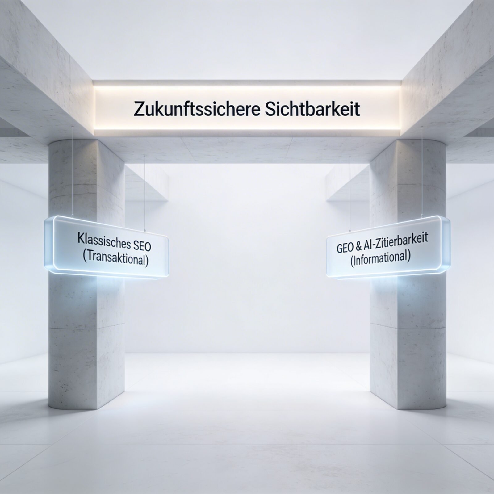 Minimalistischer Raum mit Schildern: "Zukunftssichere Sichtbarkeit" oben, "Klassisches SEO" links, "GEO & AI-Zitierbarkeit" rechts.