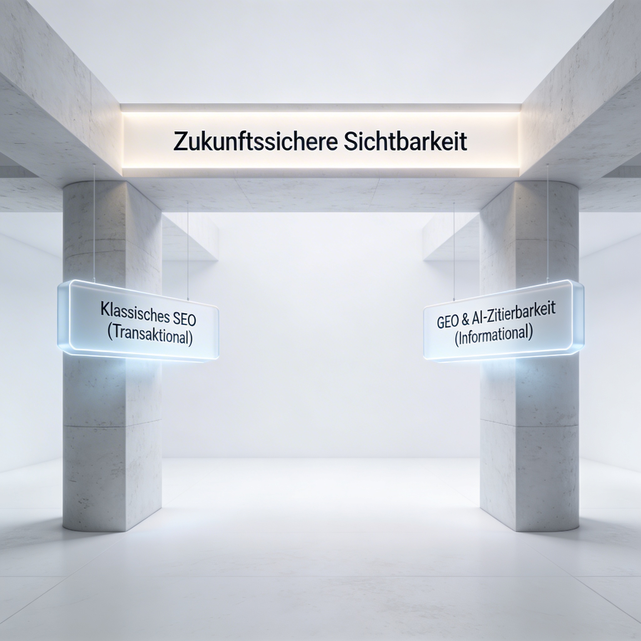 Minimalistischer Raum mit Schildern: "Zukunftssichere Sichtbarkeit" oben, "Klassisches SEO" links, "GEO & AI-Zitierbarkeit" rechts.