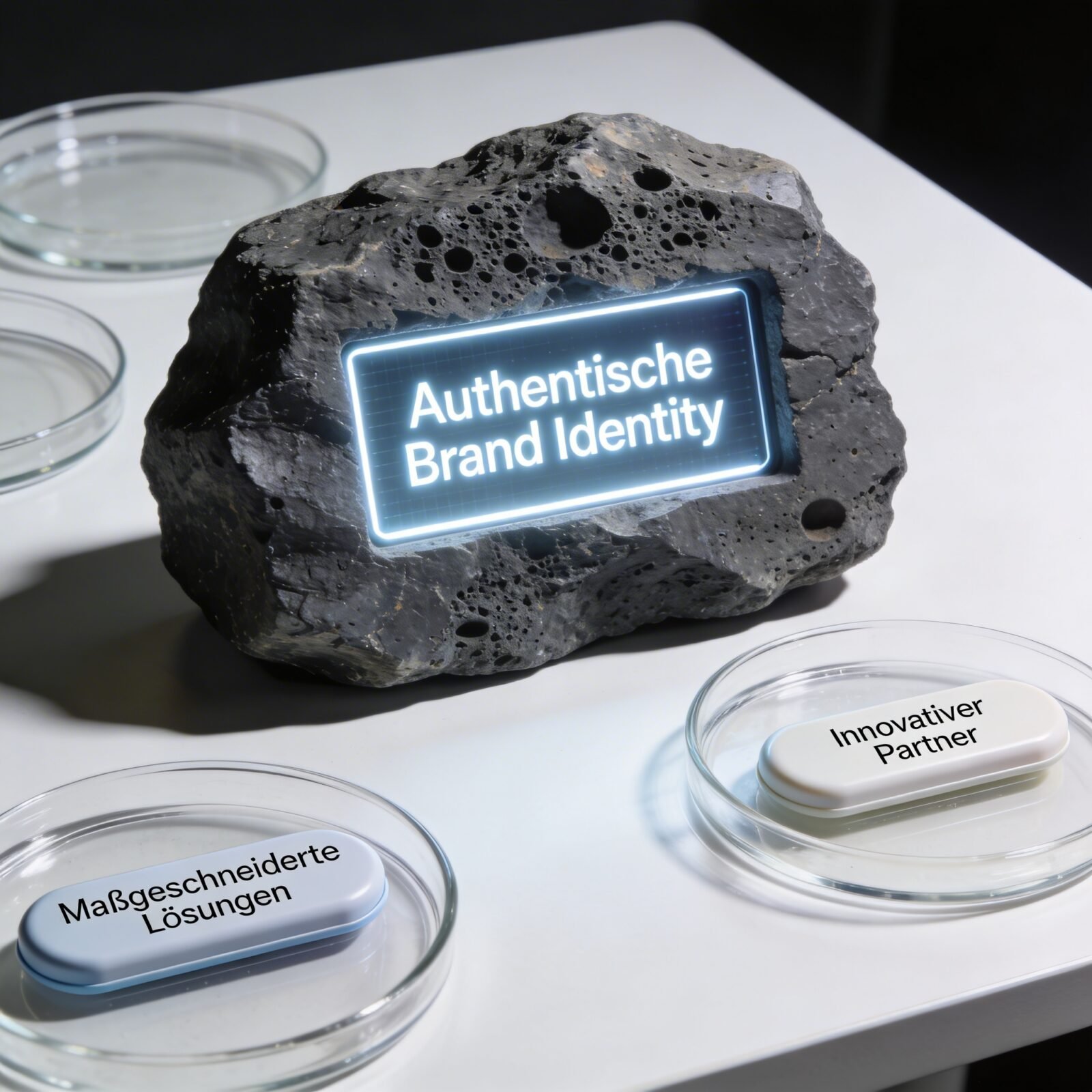 Ein Stein mit leuchtendem Schild "Authentische Brand Identity" liegt auf einem Tisch, umgeben von Glasschalen mit beschrifteten Kapseln. Ein Stein mit leuchtendem Schild "Authentische Brand Identity" liegt auf einem Tisch, umgeben von Glasschalen mit beschrifteten Kapseln.