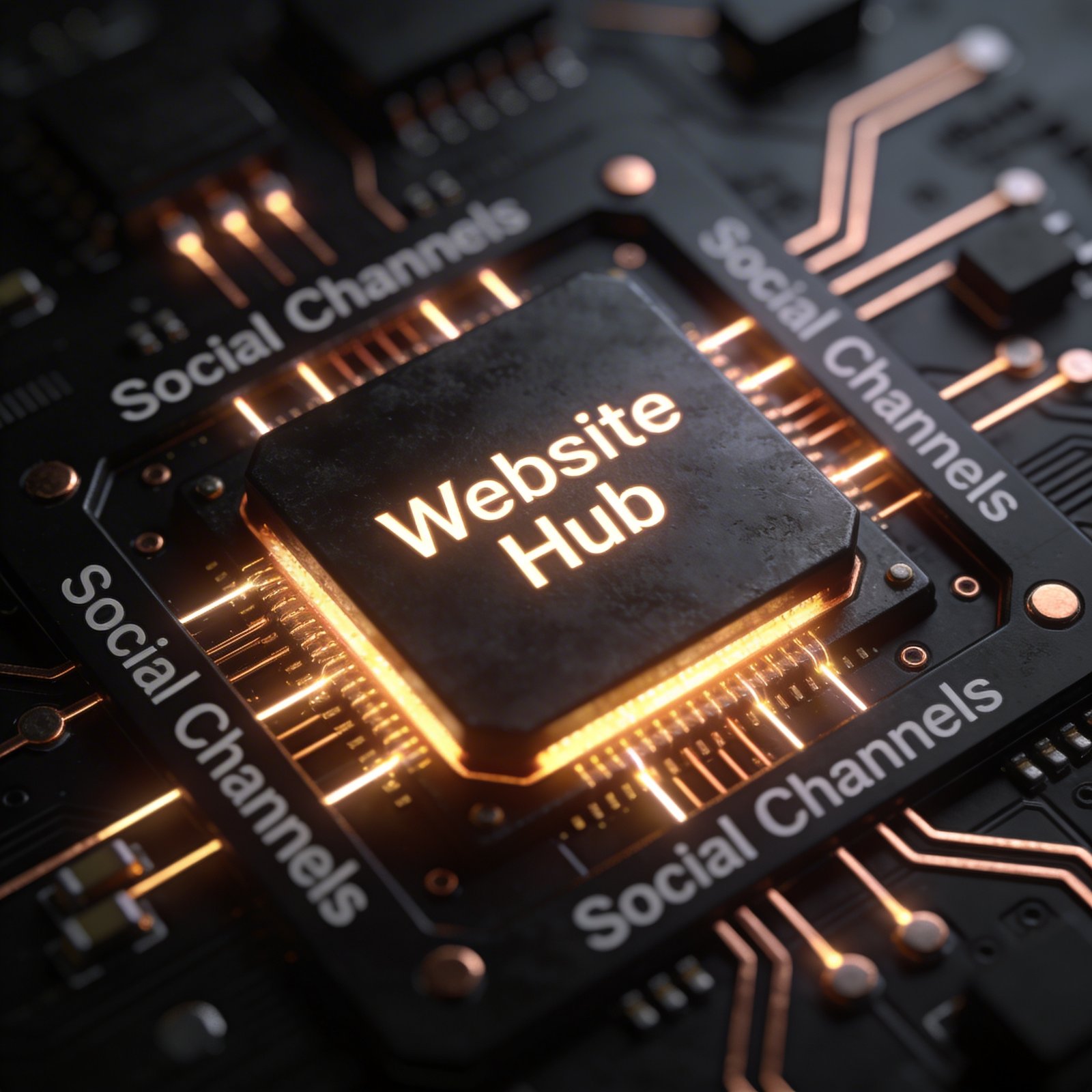 Ein Computerchip mit der Aufschrift "Website Hub" ist von Schaltkreisen mit dem Text "Social Channels" umgeben.