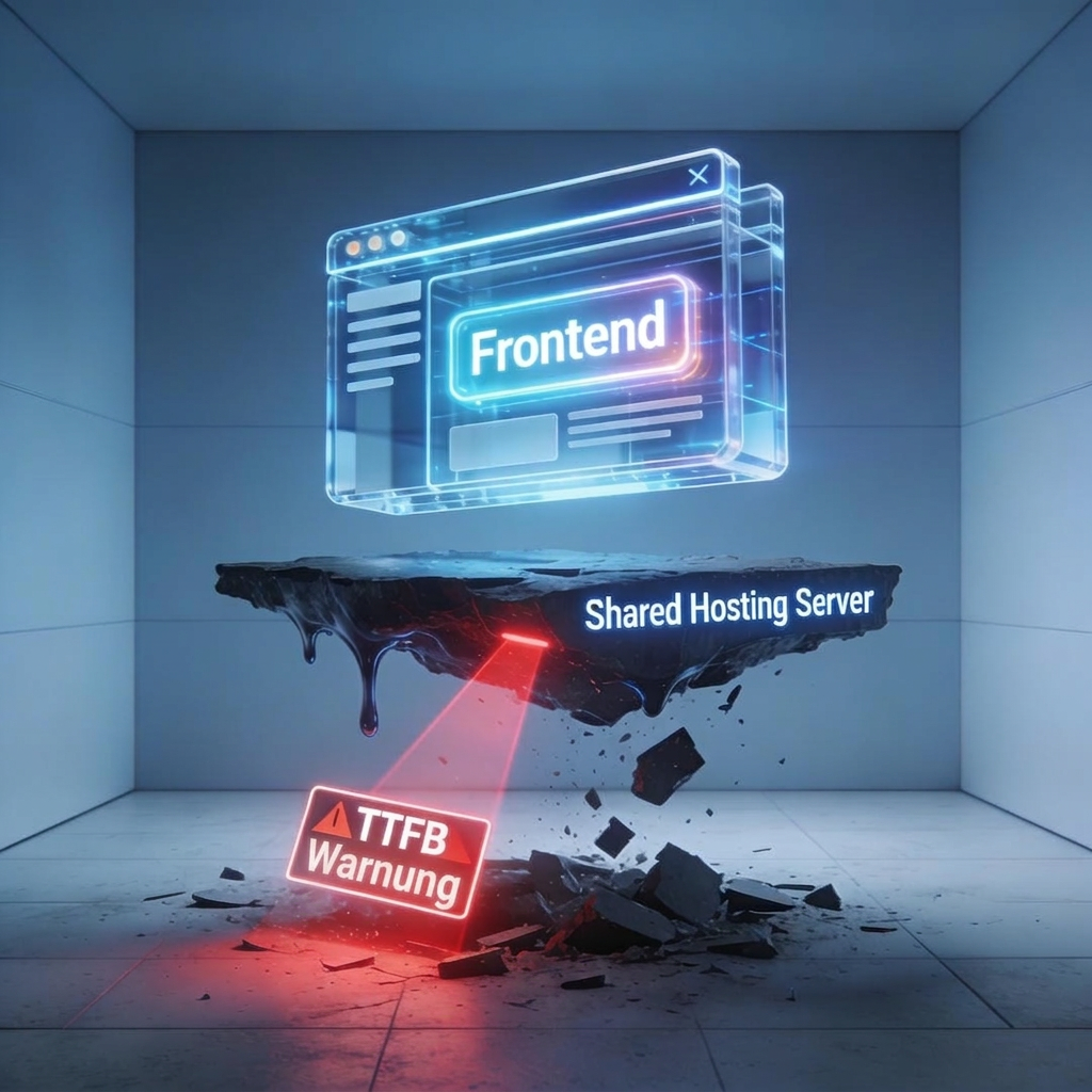 Digitale Illustration: Ein "Frontend"-Browserfenster schwebt über einer "Shared Hosting Server"-Platte mit rotem "TTFB Warnung"-Schild.