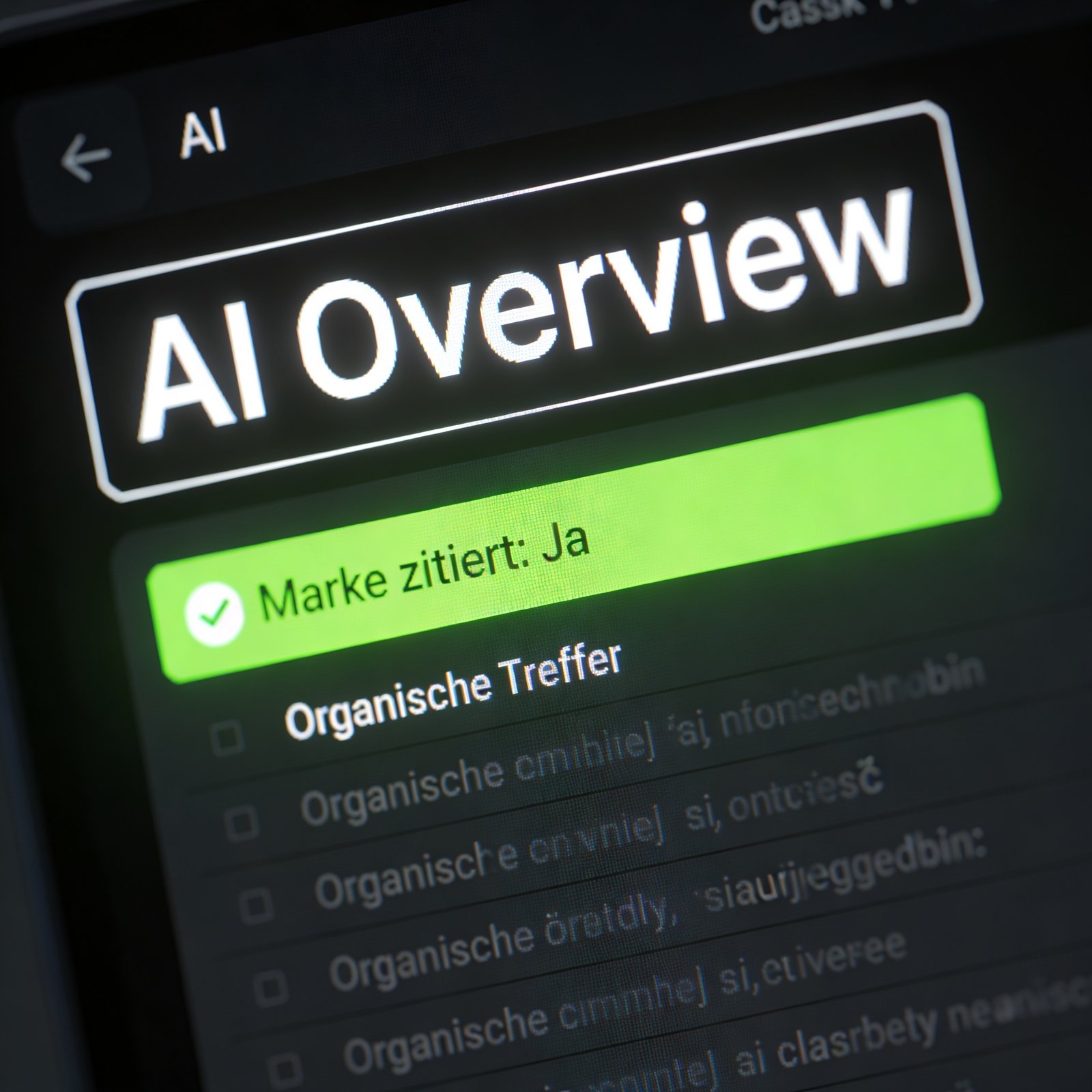 Ein Monitor zeigt "AI Overview", ein grünes Häkchen und "Marke zitiert: Ja" über einer Liste von Suchergebnissen.