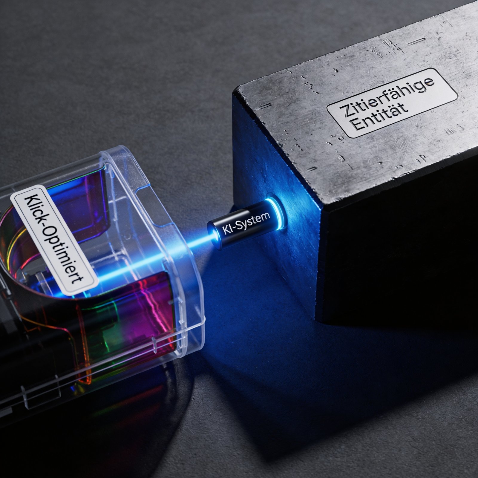 Stecker mit "KI-System" verbindet durchsichtiges Gerät "Klick-Optimiert" mit Metallblock "Zitierfähige Entität", blaues Licht am Übergang.