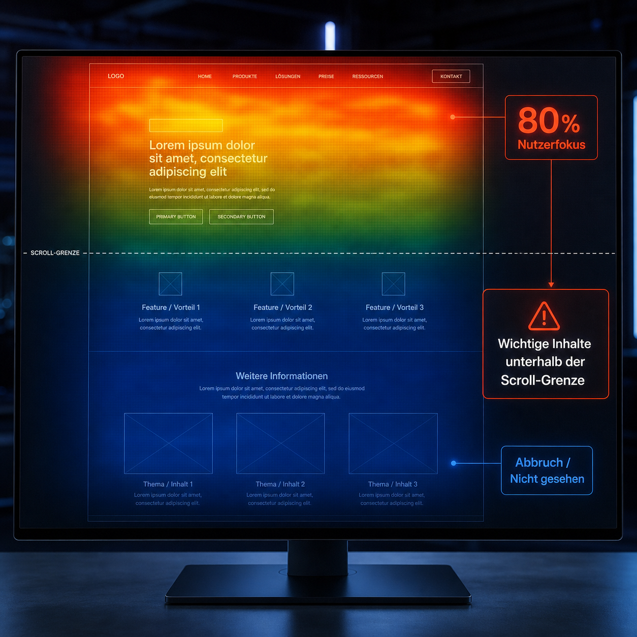 Eine Heatmap zeigt auf einem Website-Mockup, dass Nutzerfokus zu 80 % auf den oberen Bereich über der Scroll-Linie fällt. Eine Heatmap zeigt auf einem Website-Mockup, dass Nutzerfokus zu 80 % auf den oberen Bereich über der Scroll-Linie fällt.