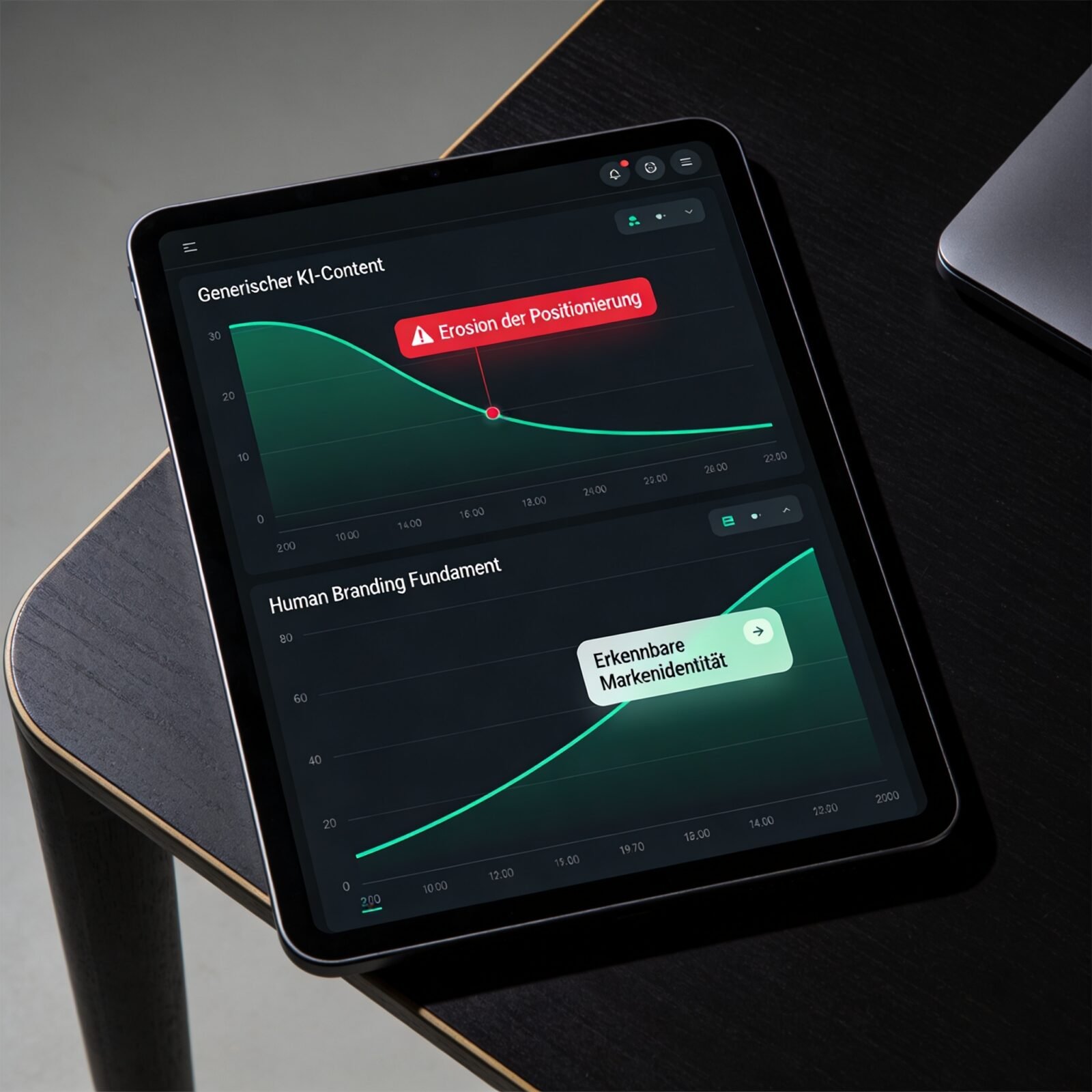 Ein Tablet zeigt Diagramme mit den Titeln "Generischer KI-Content" und "Human Branding Fundament" sowie Warnsymbole auf dunklem Tisch.