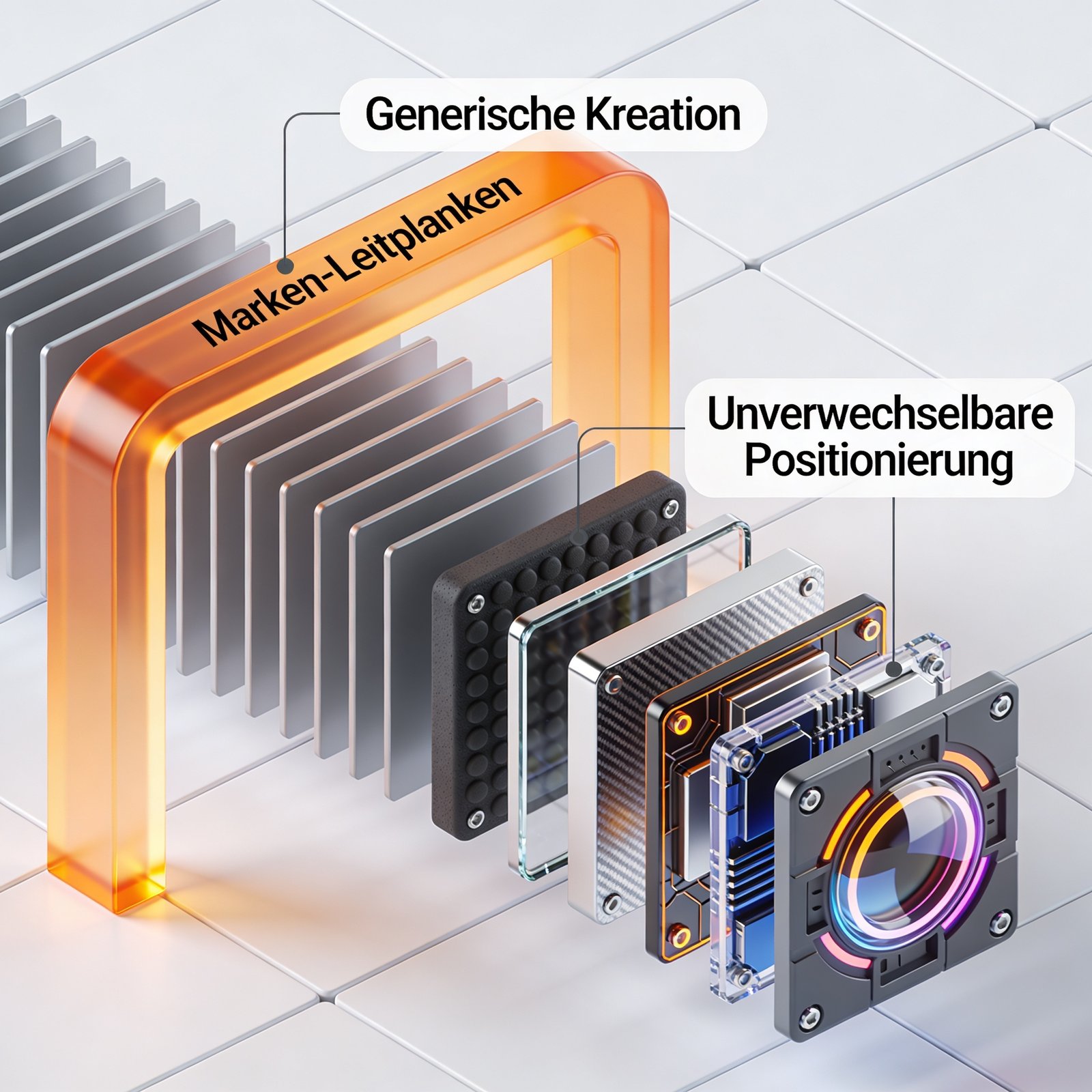 3D-Illustration mit Schichten "Generische Kreation", "Marken-Leitplanken" und "Unverwechselbare Positionierung" auf Kacheln.