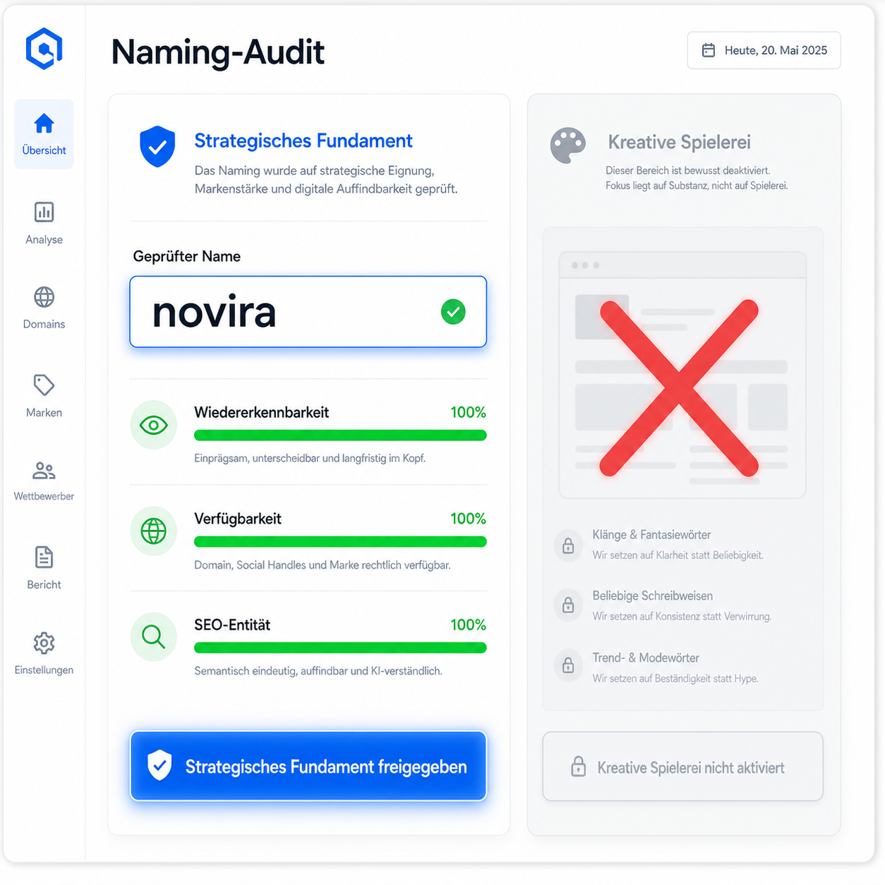 Naming-Audit-Oberfläche mit "novira" als genehmigtem Namen und grünen Häkchen, abgelehnter Vorschlag mit rotem X.