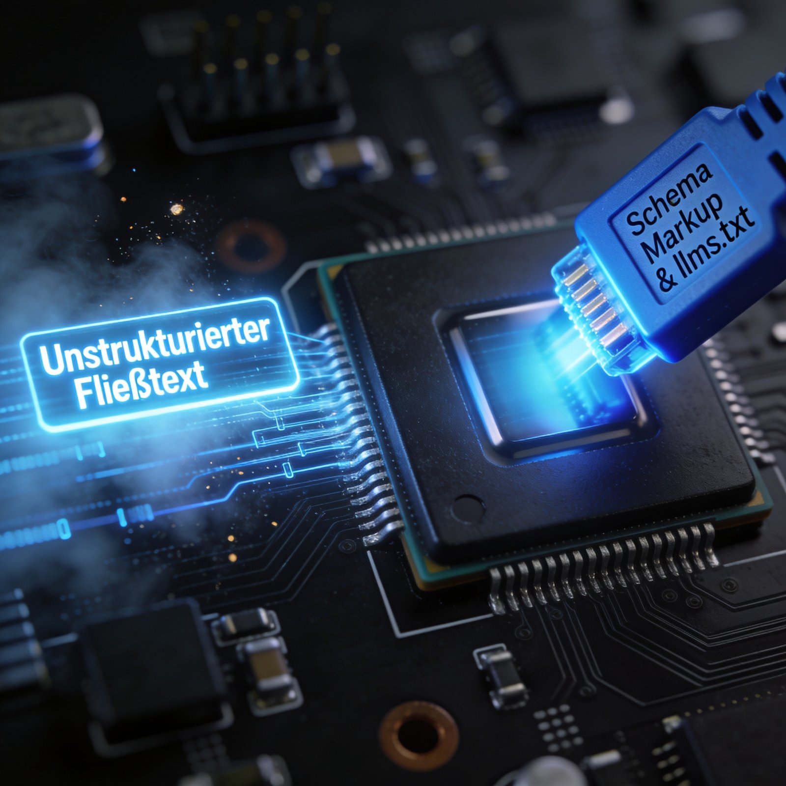 Ein Computerchip mit blauem Ethernet-Kabel "Schema Markup KI & lms.txt" und leuchtendem Text "Unstrukturierter Fließtext". Ein Computerchip mit blauem Ethernet-Kabel "Schema Markup KI & lms.txt" und leuchtendem Text "Unstrukturierter Fließtext".
