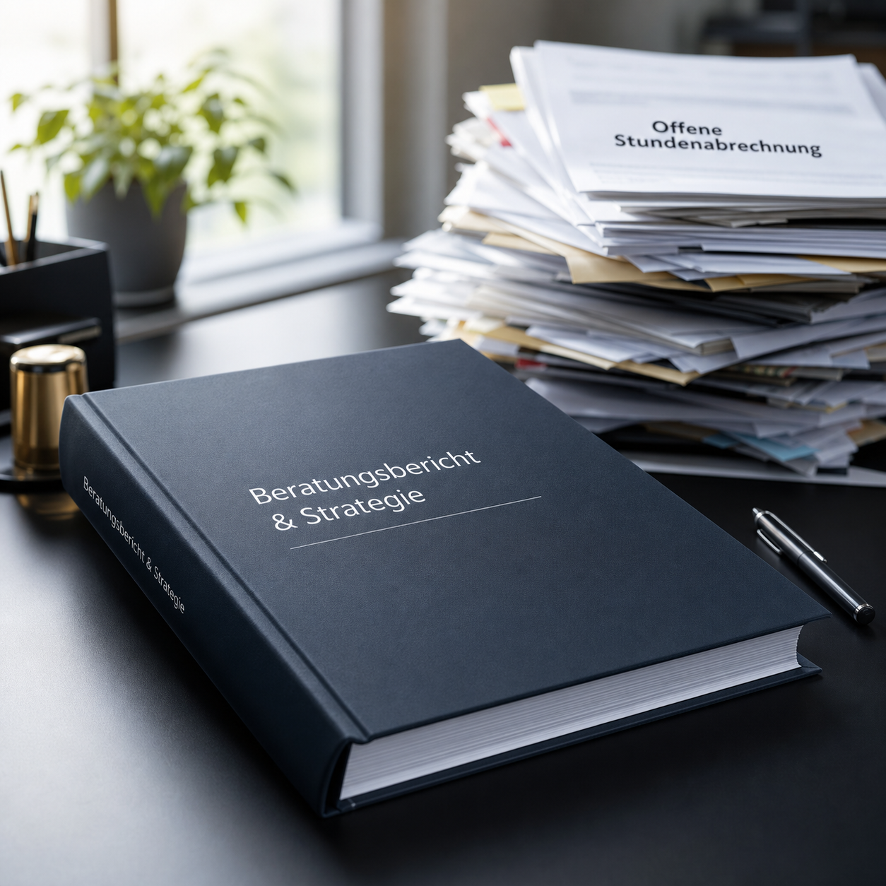 Ein dicker Band "Beratungsbericht & Strategie" liegt neben einem Stapel mit "Offene Stundenabrechnung" auf einem Schreibtisch.