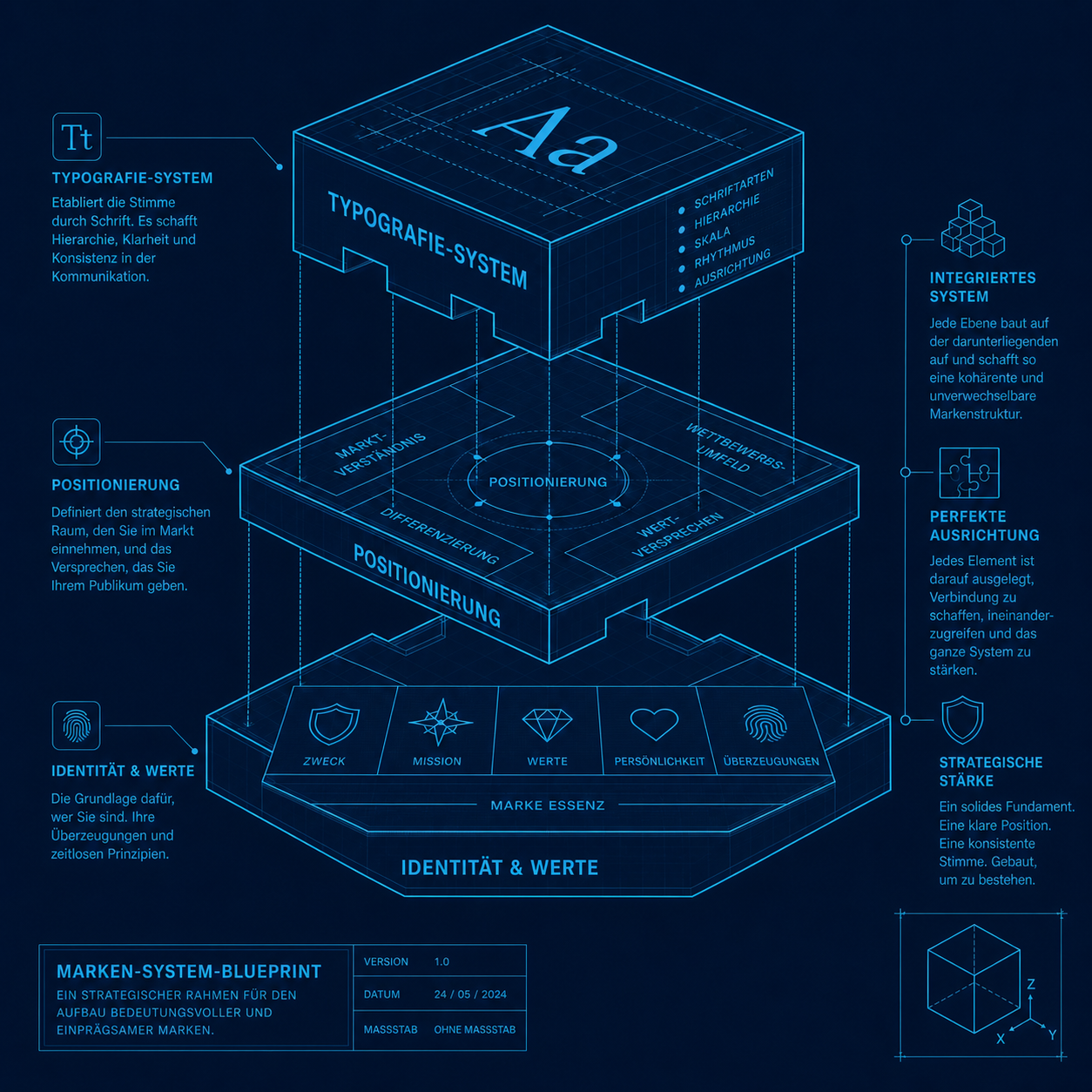 Deutsches Blueprint-Diagramm mit drei Ebenen: Typografie-System, Positionierung, Identität & Werte; Icons und Texte je Ebene.