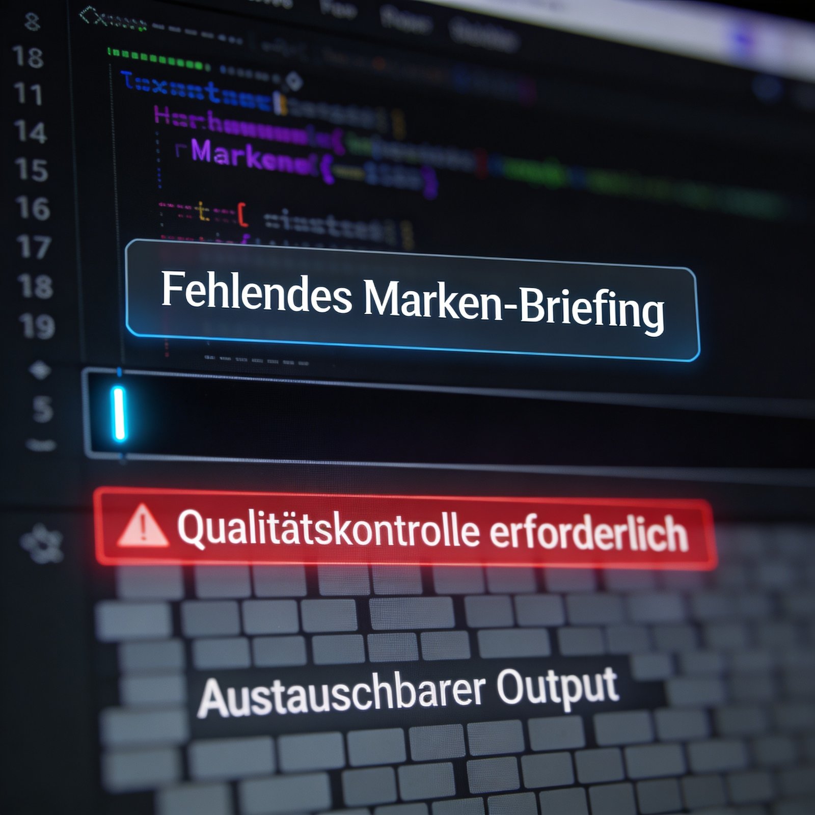 Nahaufnahme eines Computerbildschirms mit Code und deutschen Texten: "Fehlendes Marken-Briefing", "Qualitätskontrolle erforderlich". Nahaufnahme eines Computerbildschirms mit Code und deutschen Texten: "Fehlendes Marken-Briefing", "Qualitätskontrolle erforderlich".