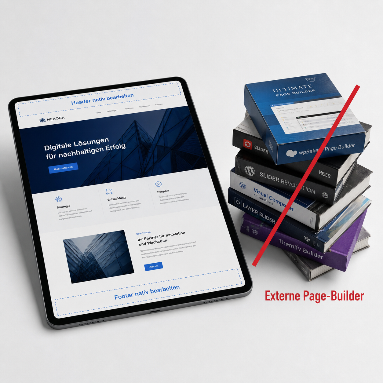 Ein Tablet mit Website-Editor, daneben durchgestrichene Software-Boxen mit Aufschrift "Externe Page-Builder".