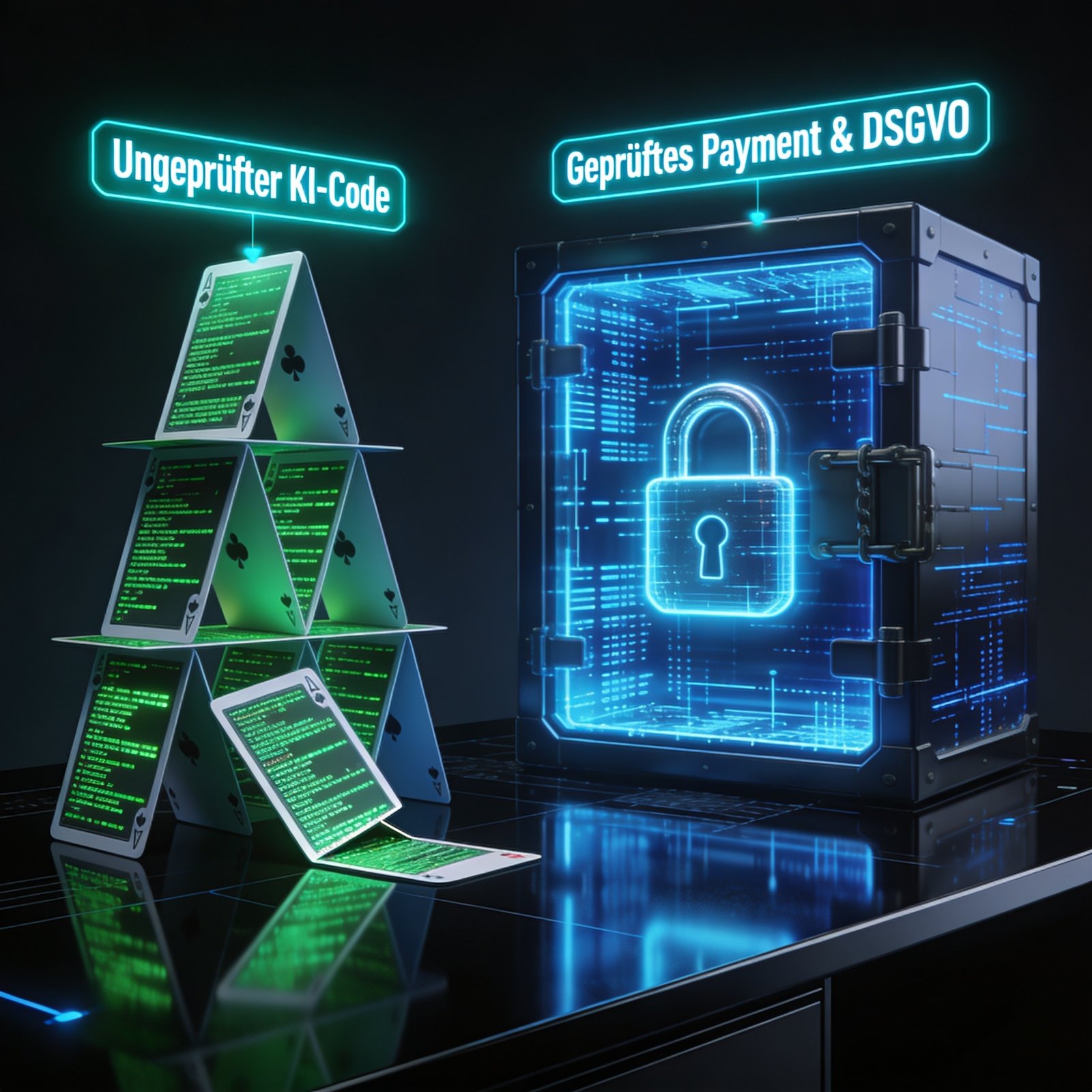Eine digitale Illustration zeigt ein Kartenhaus mit der Aufschrift "Ungeprüfter KI-generierter Code" neben einem Tresor mit "Geprüftes Payment & DSGVO".