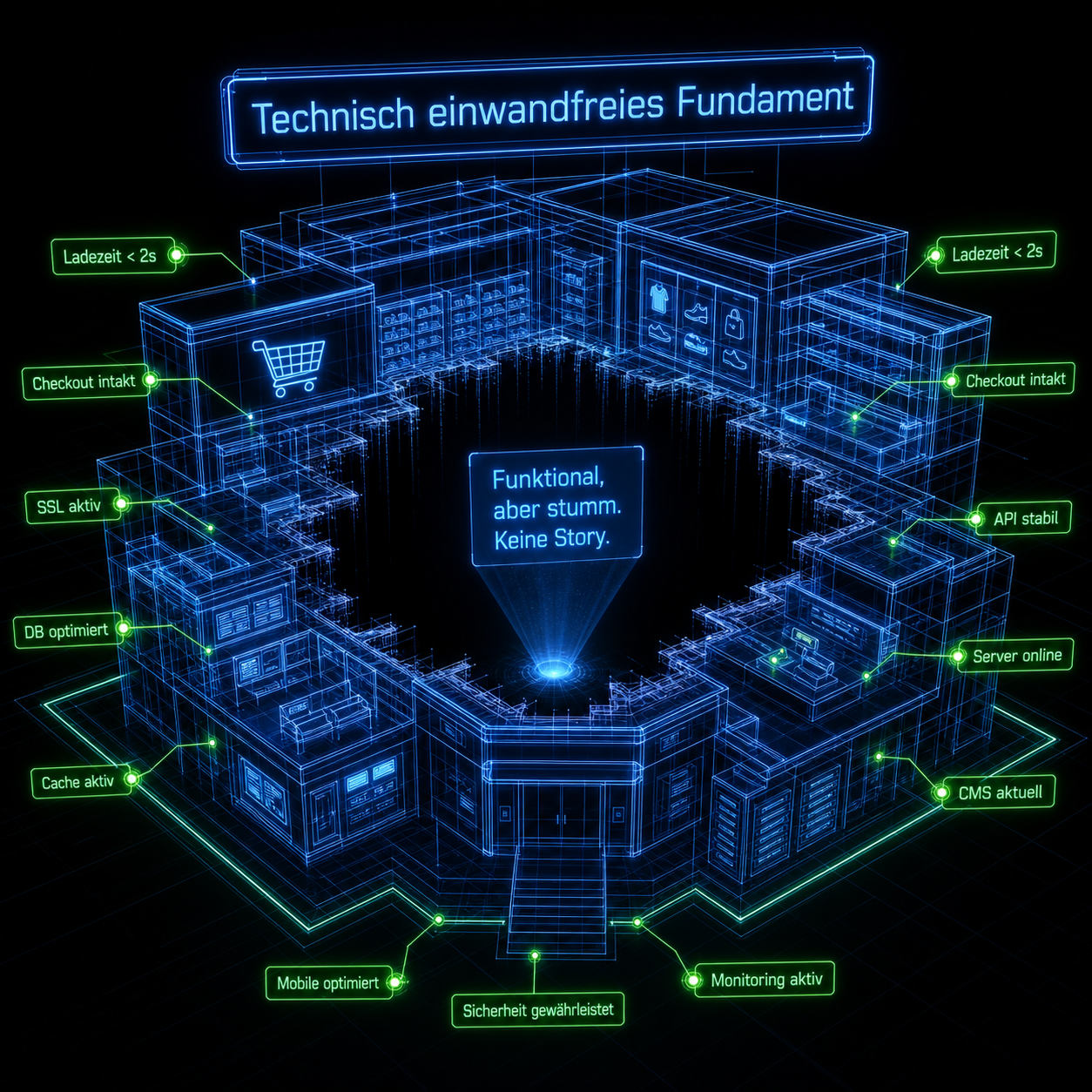 Digitales Schaubild mit verbundenen E-Commerce-Komponenten und deutschen Beschriftungen, Fokus auf Markenstimme E-Commerce.