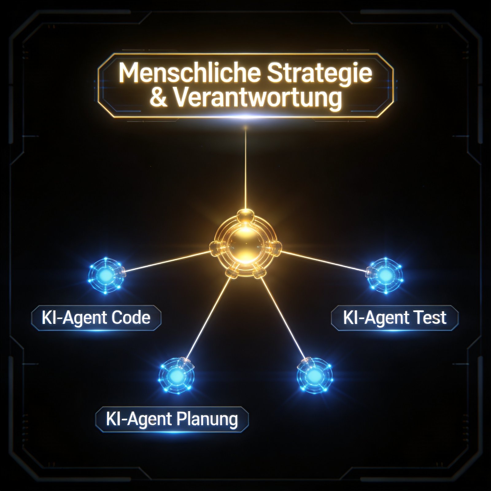 Zentraler Knoten "Menschliche Strategie & Verantwortung" verbindet zu drei Knoten: "KI-Agent Code", "Test" und "Planung".