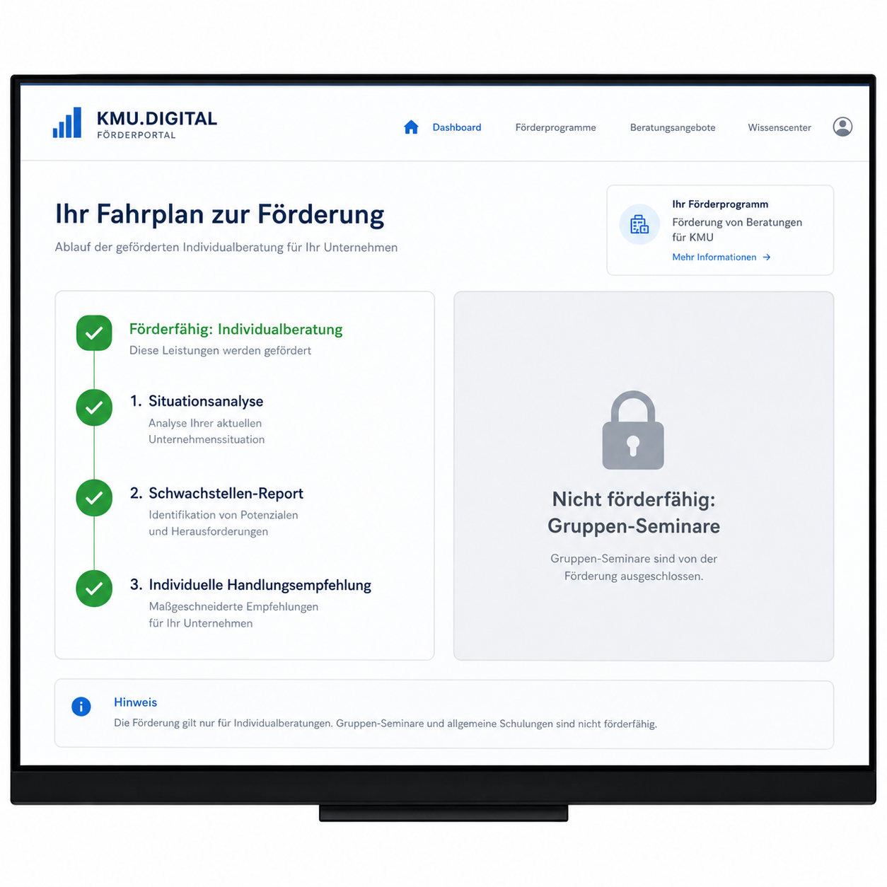 Bildschirm zeigt das KMU.DIGITAL-Portal mit Schritten zur BAFA-Förderung und dem Hinweis: Gruppenseminare sind ausgeschlossen.