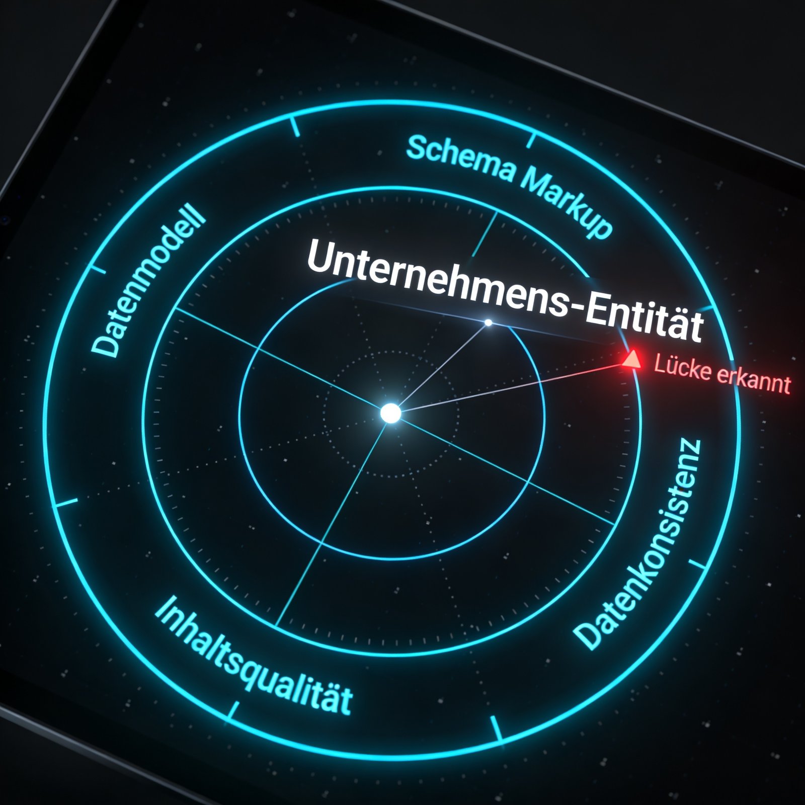 Auf einem digitalen Radardisplay steht "Unternehmens-Entität" im Zentrum, umgeben von Begriffen und einer Lücke "Lücke erkannt".