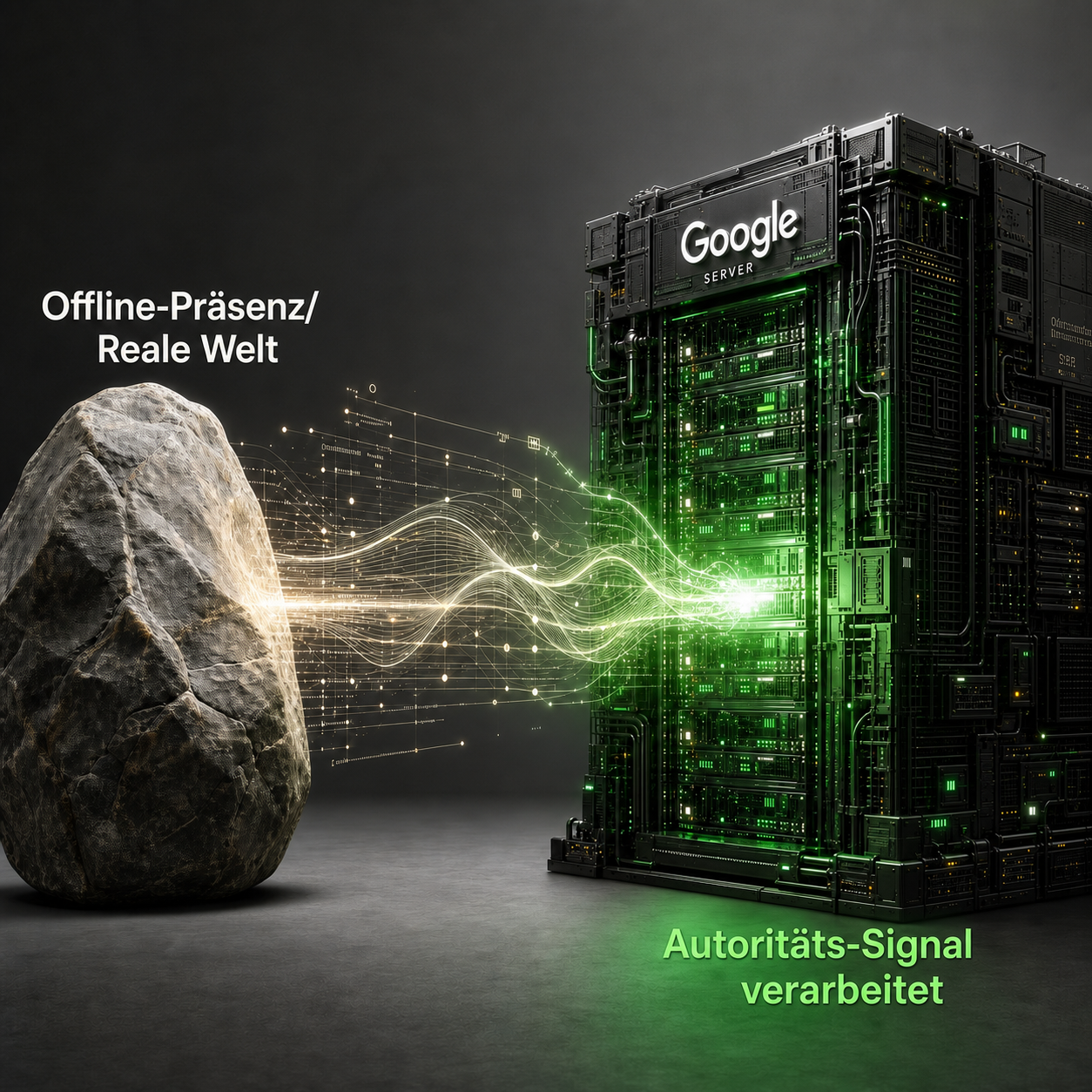 Ein Stein mit der Aufschrift "Offline-Präsenz/Reale Welt" sendet digitale Signale an einen Google-Server.