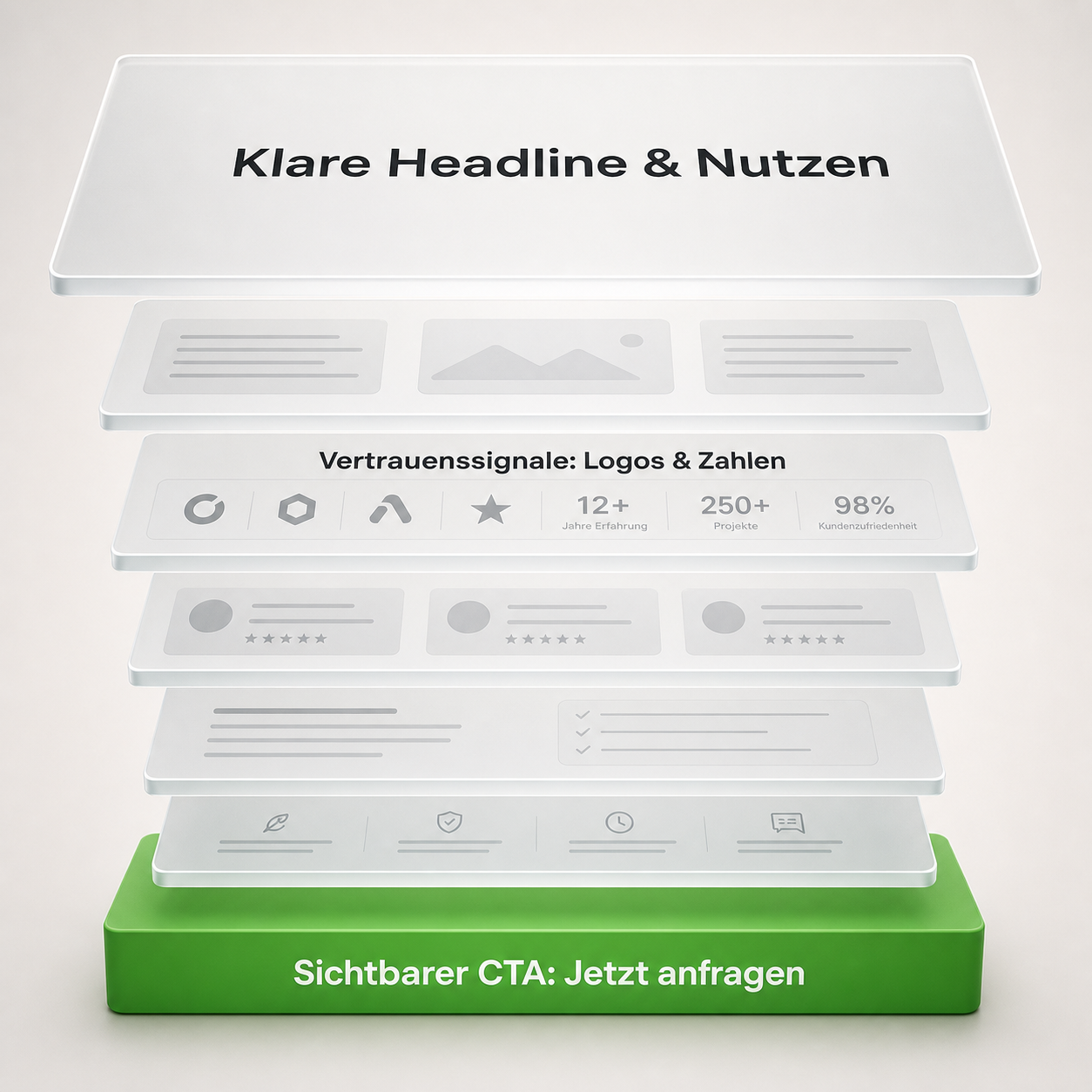 Ein Schaubild zeigt eine Landingpage mit Überschrift, Bildern, Vertrauenselementen und grünem Button "Jetzt anfragen".