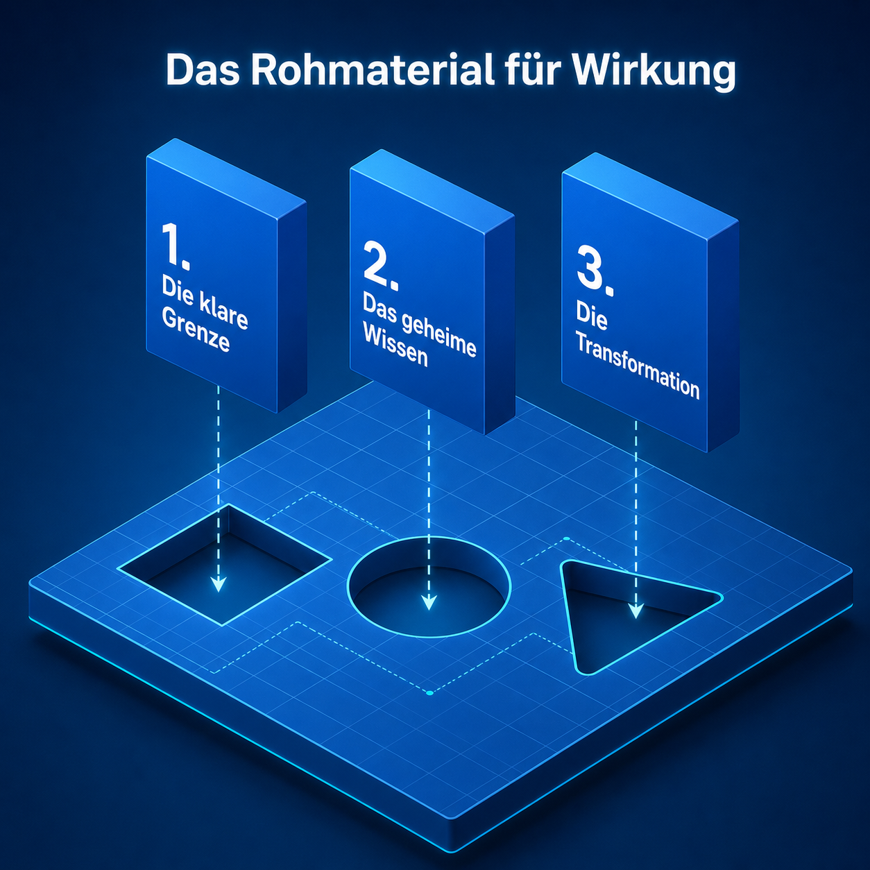 Drei blaue Blöcke mit den Nummern 1 bis 3 und den Titeln: Die klare Grenze, Das geheime Wissen, Die Transformation.