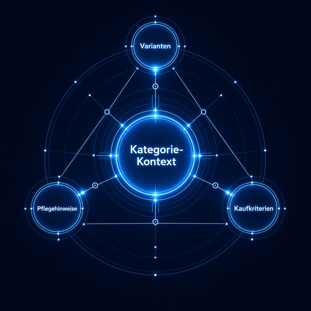 Blaues Diagramm zeigt "Kategorie-Kontext" in der Mitte, verbunden mit "Varianten", "Pflegehinweisen" und "Kaufkriterien".