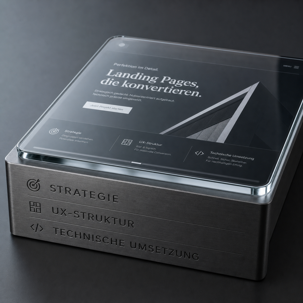 Ein Tablet zeigt eine Website mit dem Titel "Landing Pages, die konvertieren", montiert auf einem Metallblock mit drei Labels.