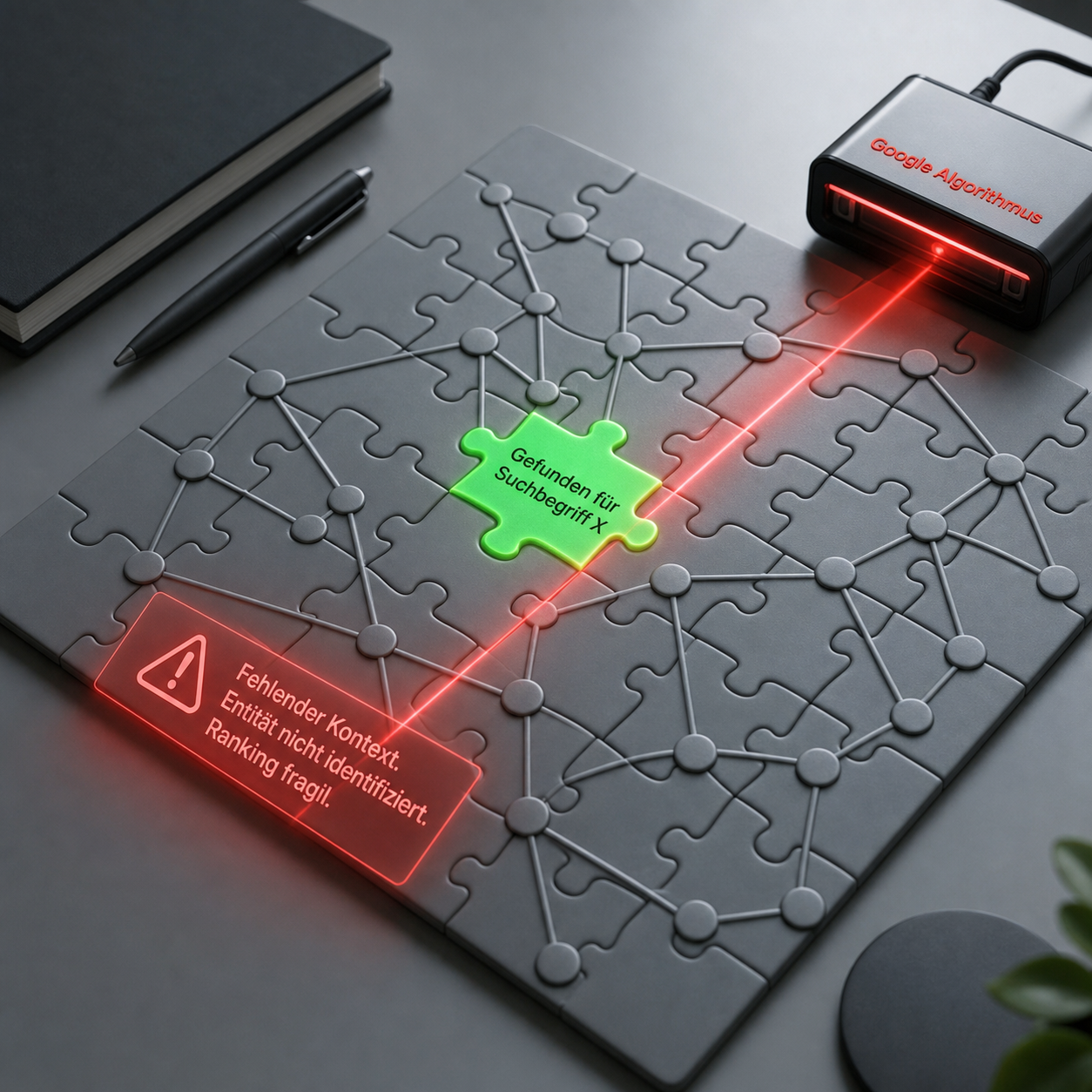 Puzzlebrett mit verbundenen Knoten, fehlendes grünes Teil "Gefunden für Suchbegriff", rote Linie vom Gerät "Google Algorithmus".