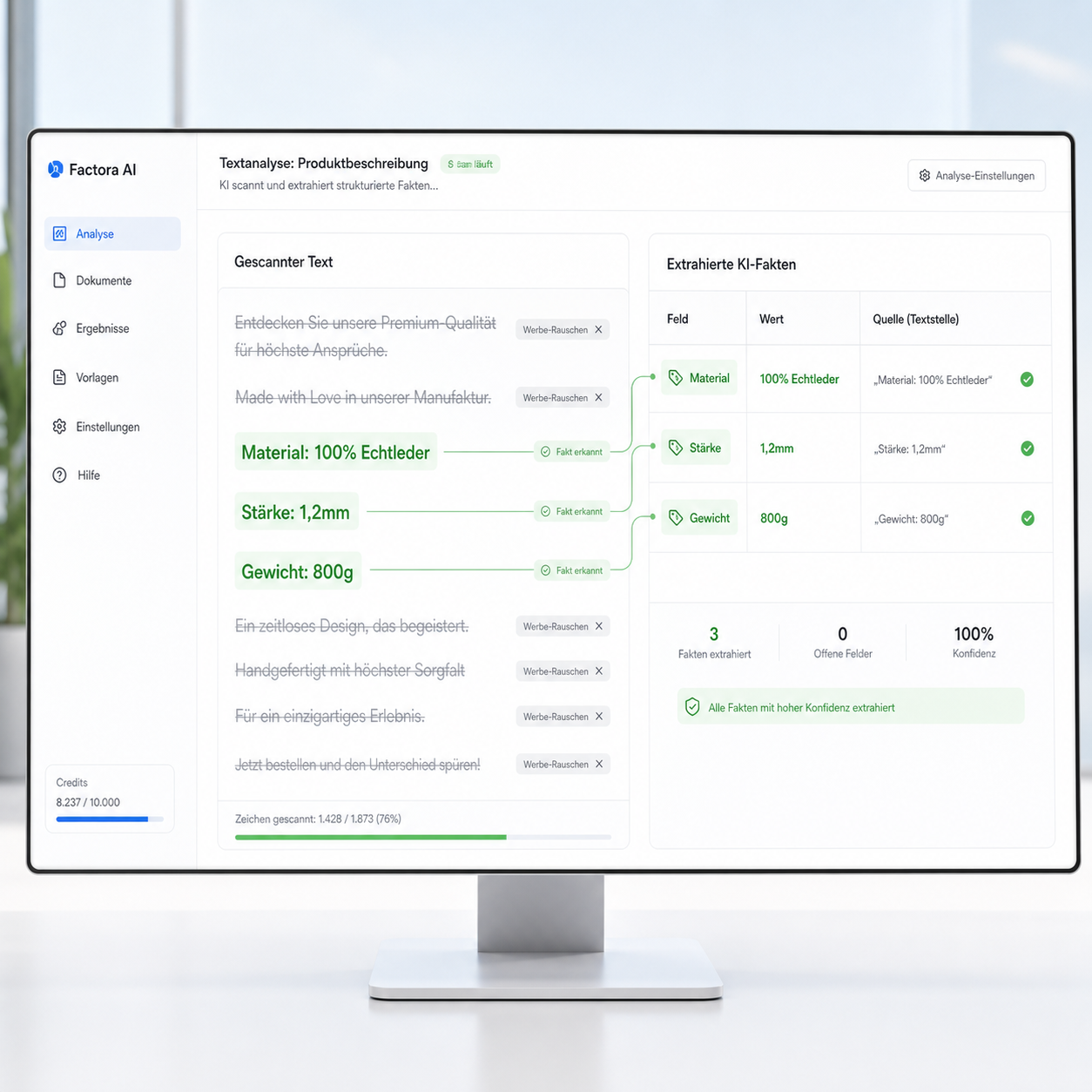 Ein Monitor zeigt ein deutsches Textanalyse-Dashboard mit Produktdetails, KI-SEO-Fakten und Feldern wie Material, Stärke, Gewicht.